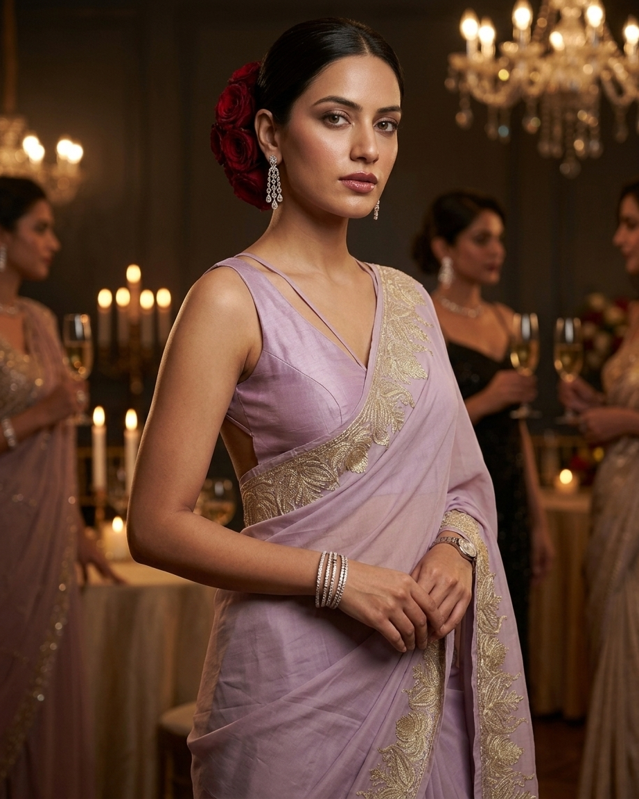 Soft Purple Crape Kashmiri Tilla Saree