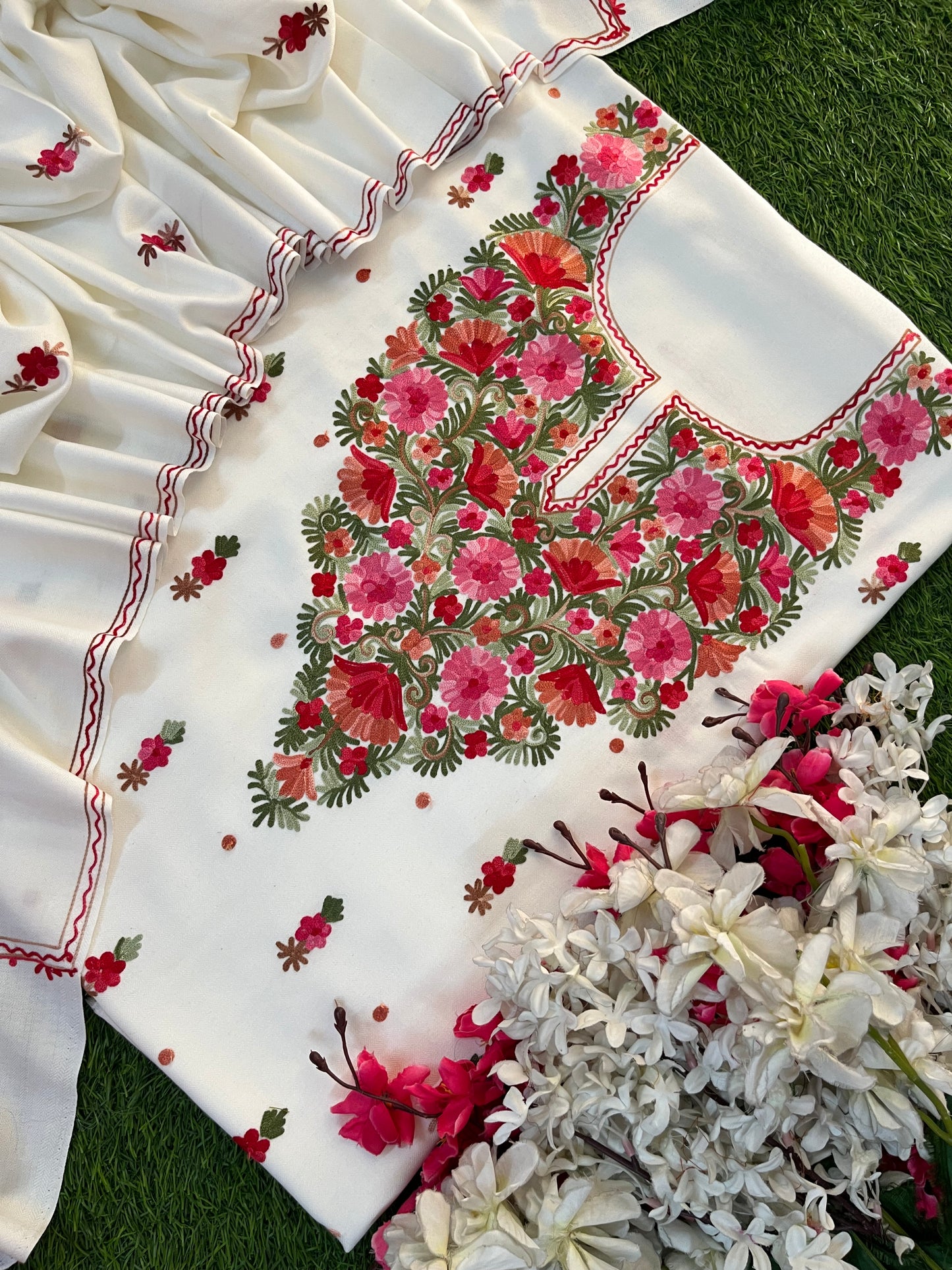 Off White Woollen Aari Embroidered 3pc suit