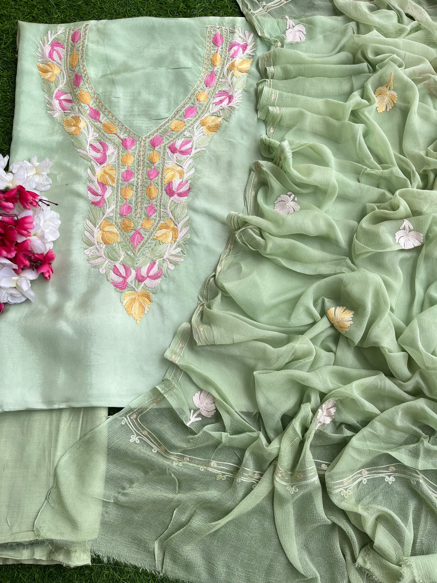 Green Opada Silk Kashmiri Suits