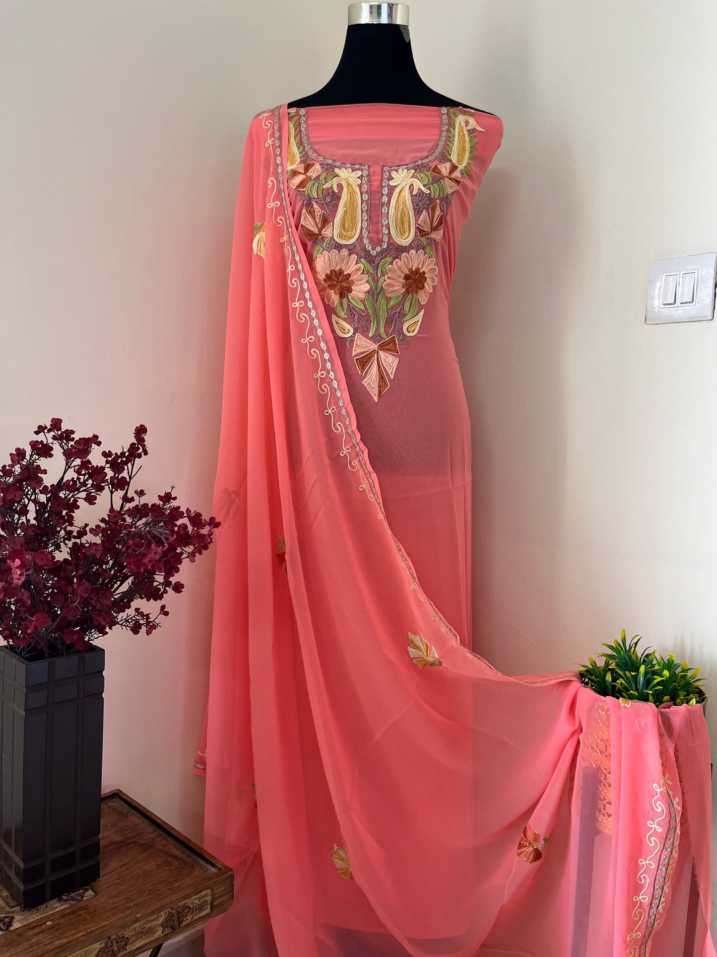 Peach Georgette Shirt and Dupatta Aari Embroidered Suit