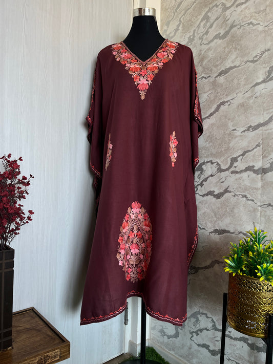 Maroonish Brown Cotton Aari embroidered Kaftan