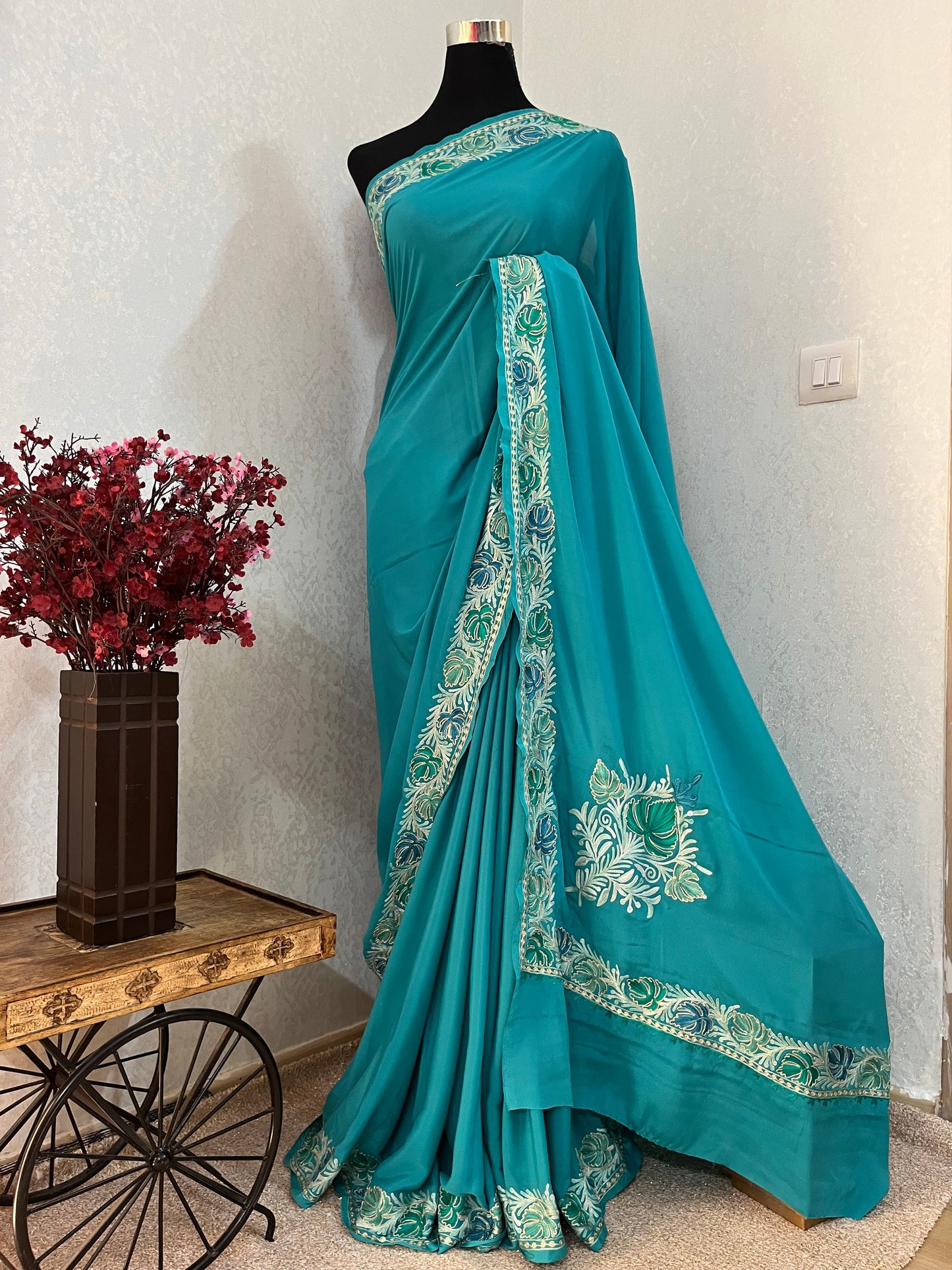 Blue Crape Kashmiri Saree with Tilla Outline