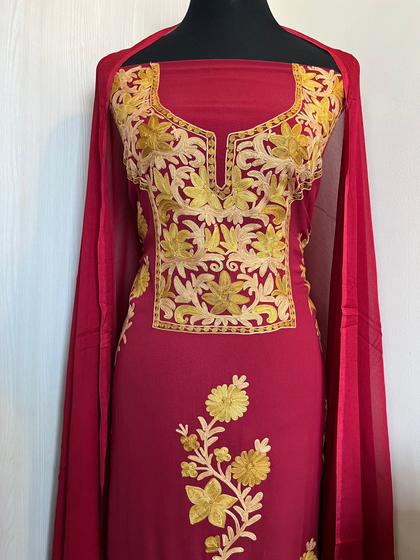 Maroon  Pure Georgette Tomato Red Aari Embroidered Suit