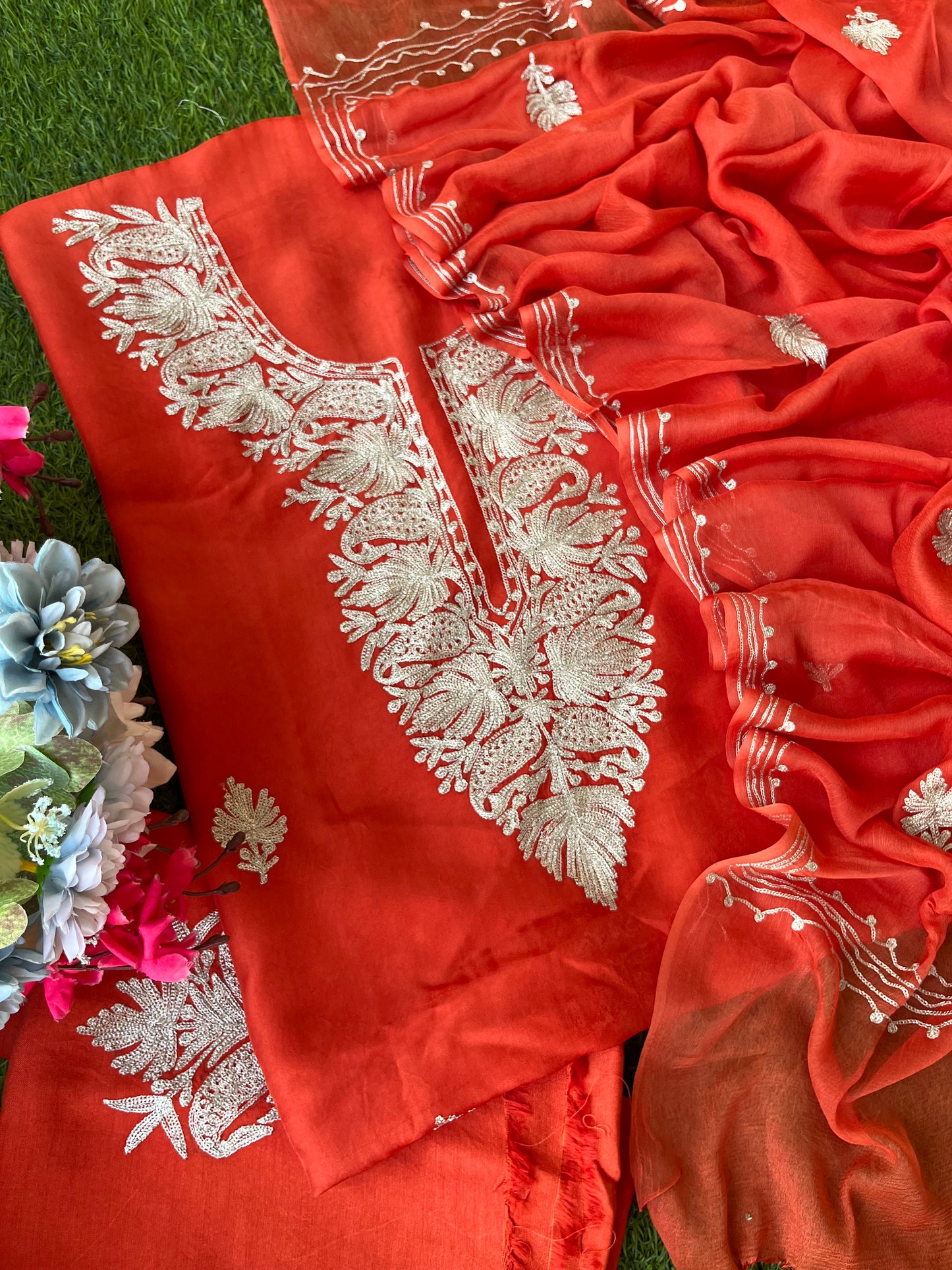 Soft Rust Silk Tilla Kashmiri Suit