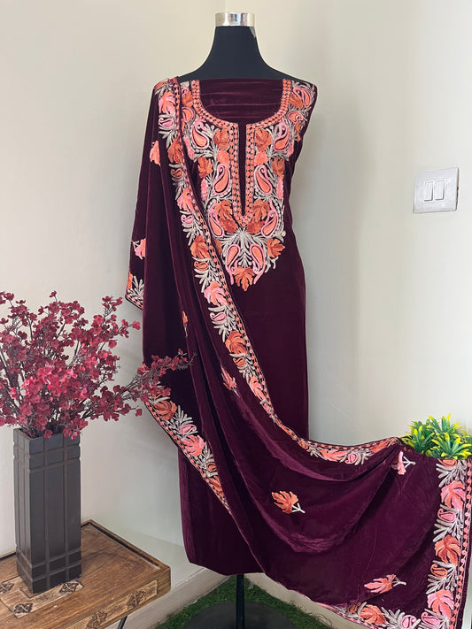 Wine Aari Embroidered Velvet 2pc Suit Material