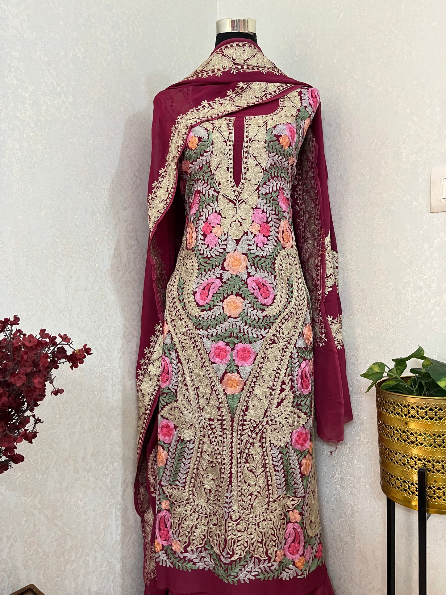Wine Georgette 3 Pc Aari Embroidered Suit