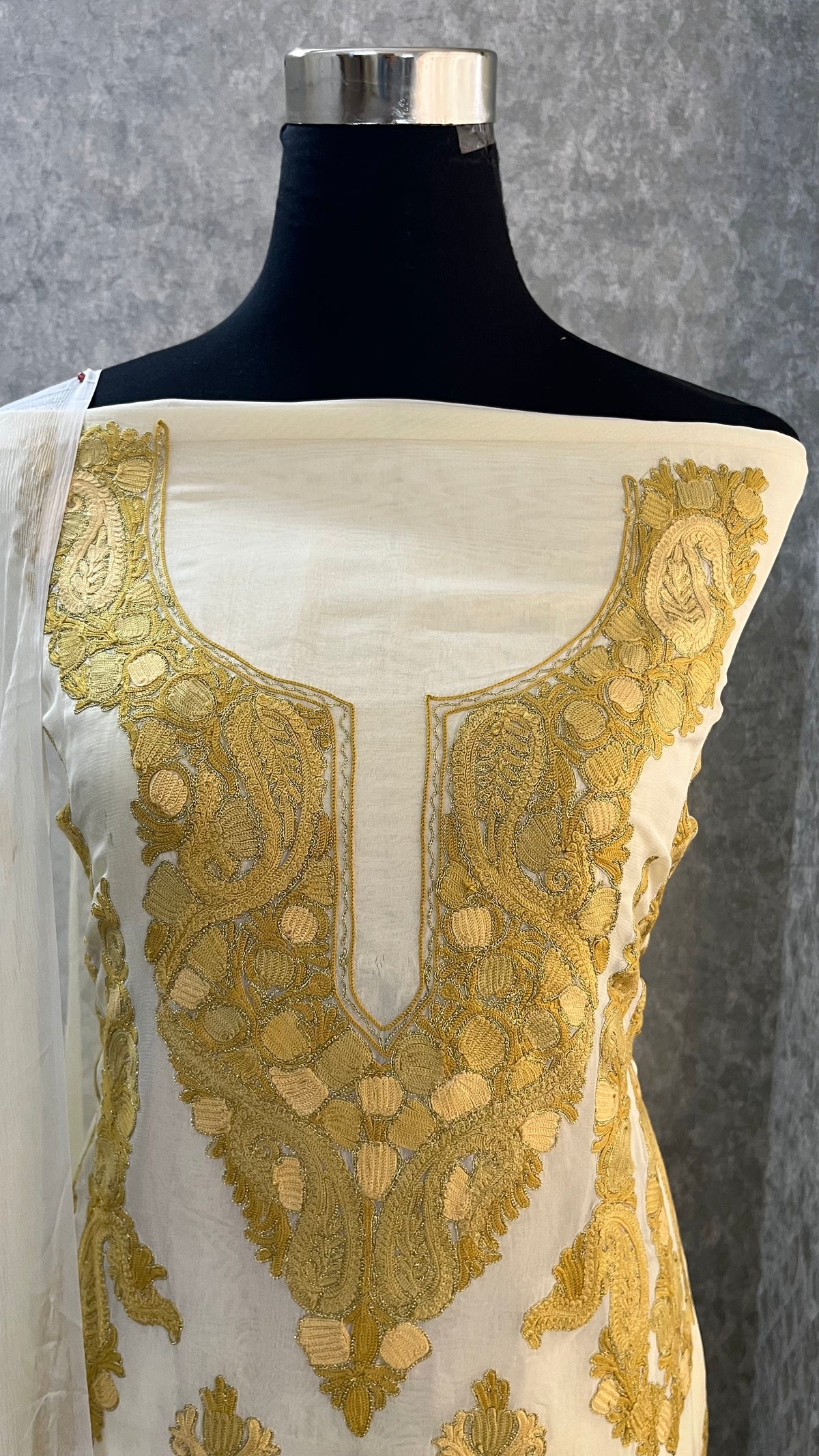 Ivory Pure Organza Cut Work Kashmiri Suit