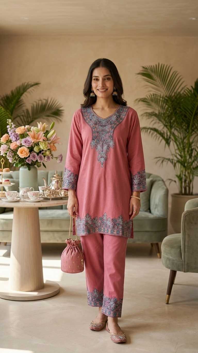 Soft Pink Cotton Stitched Co-ord Set( 42)