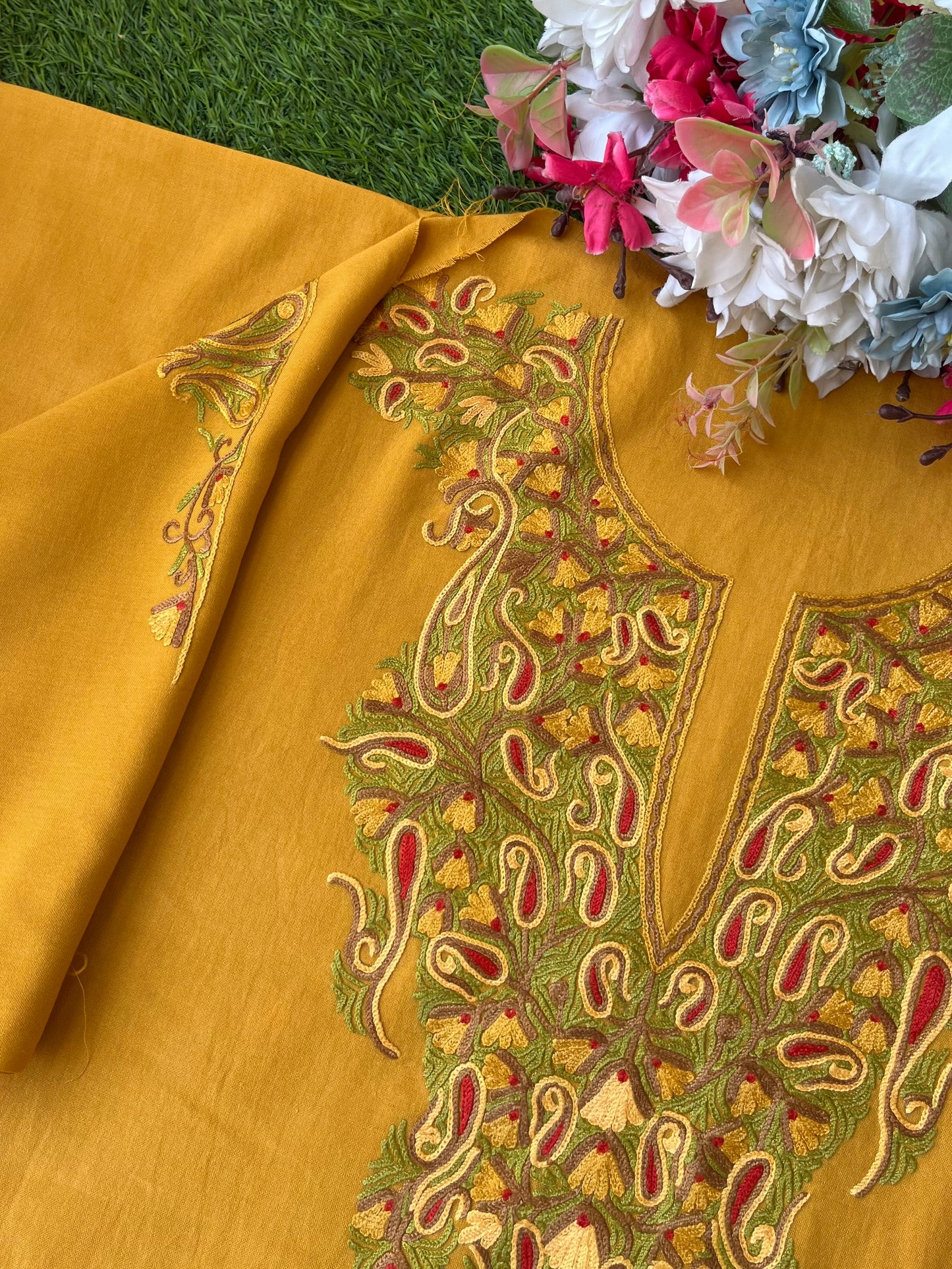 Mud Yellow Cotton Two Piece Suit (Hand Embroidered)