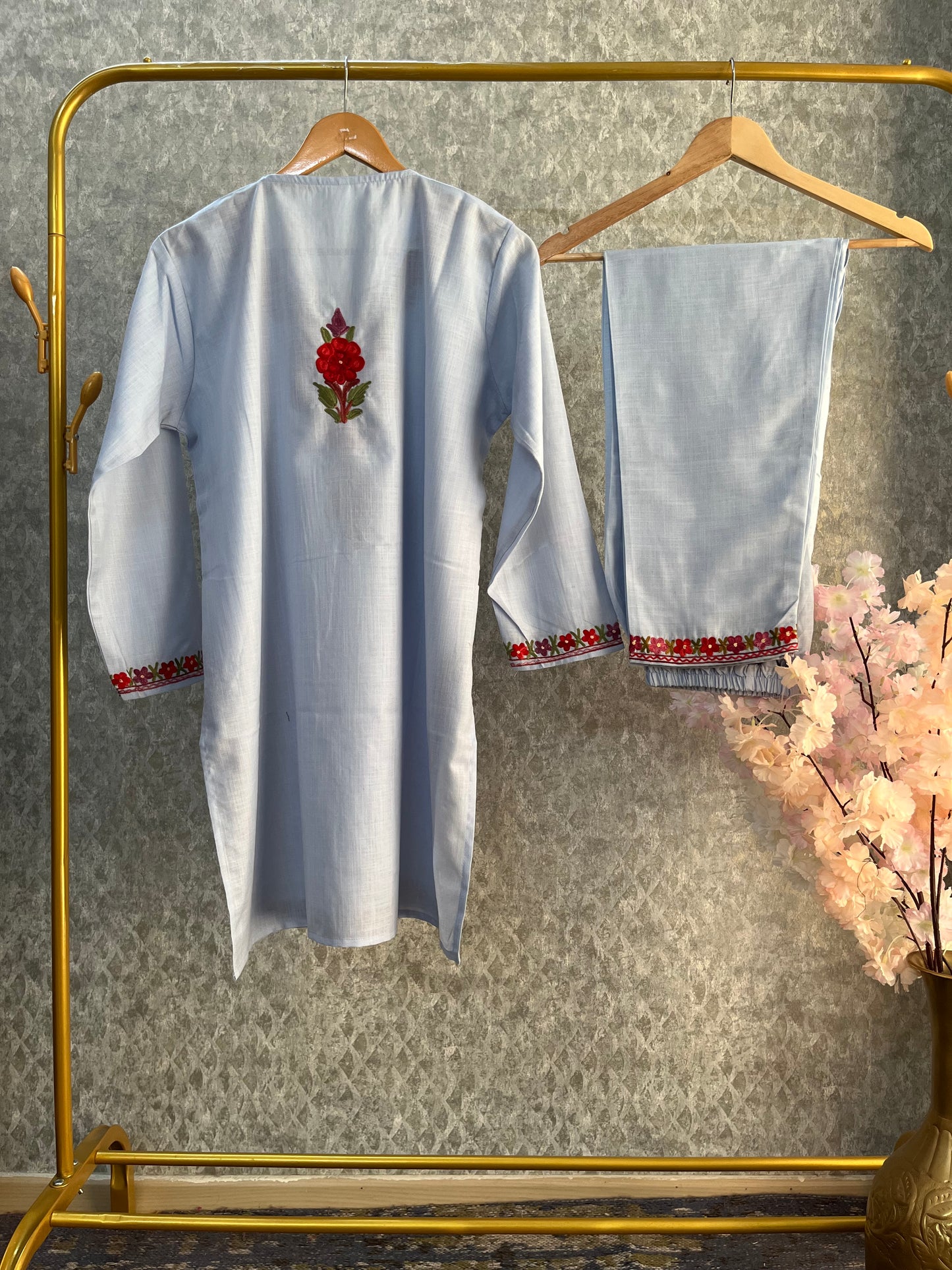 Ice Blue Cotton Stitched Co-ord Set (42)