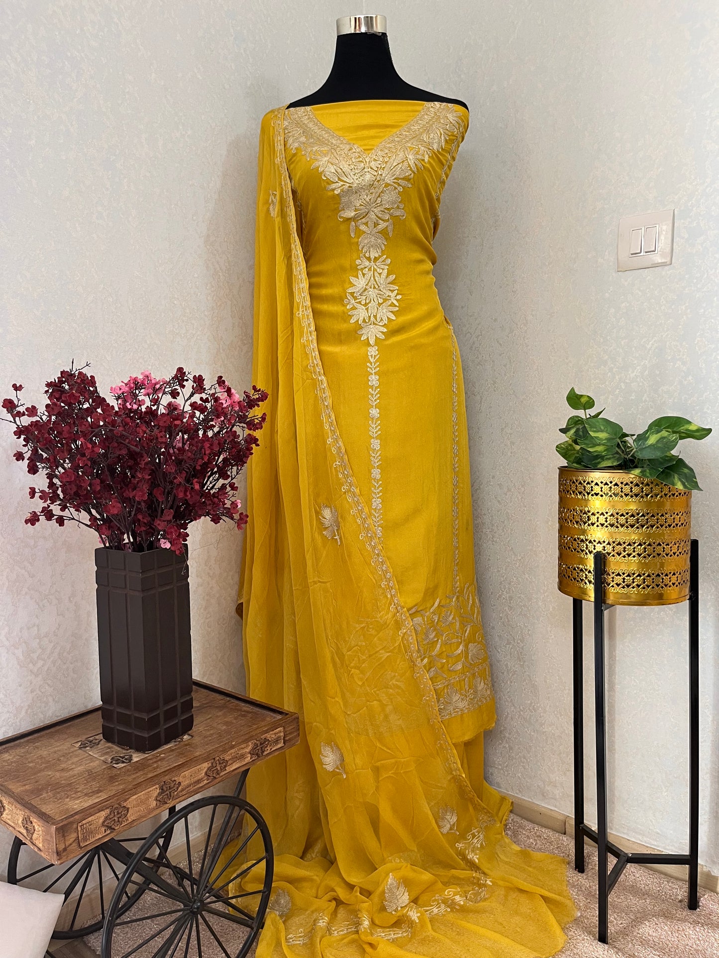 Golden Yellow Tilla Kashmiri Silk Suit