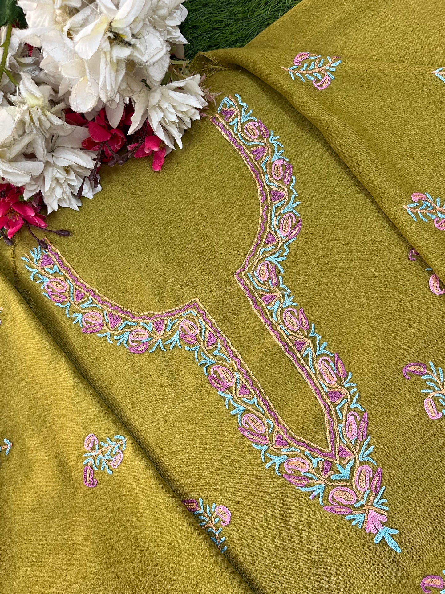 Lime Green Cotton Two Piece Suit (Hand Embroidered)