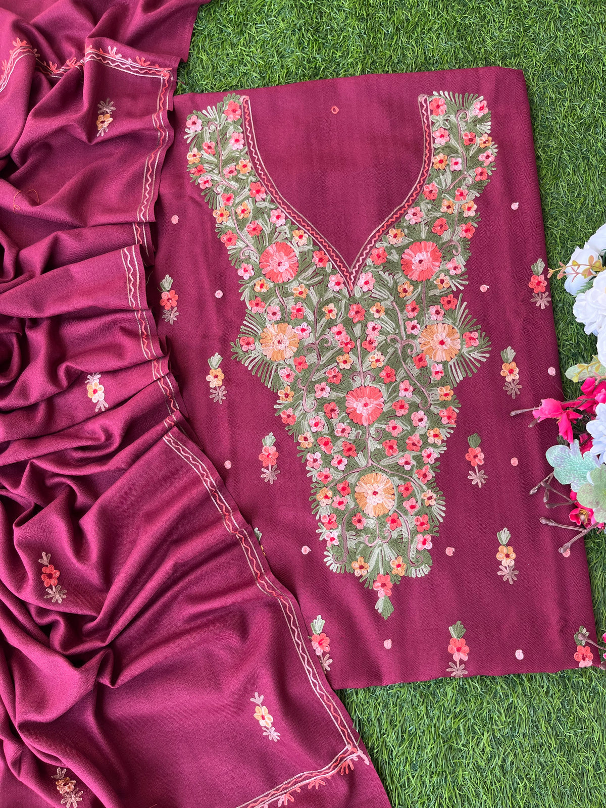 Maroon Woollen Aari Embroidered 3pc suit
