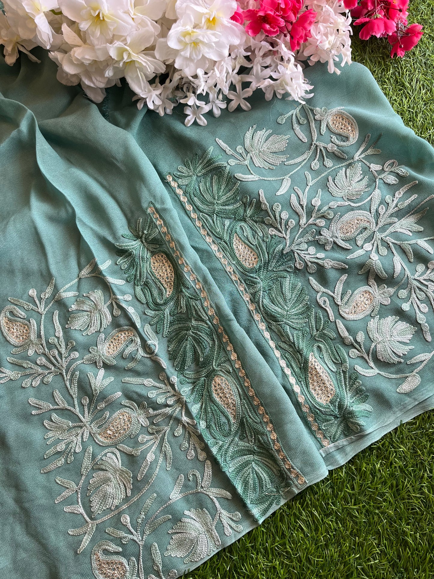 Pastel Green Pure Georgette Aari Embroidered Suit