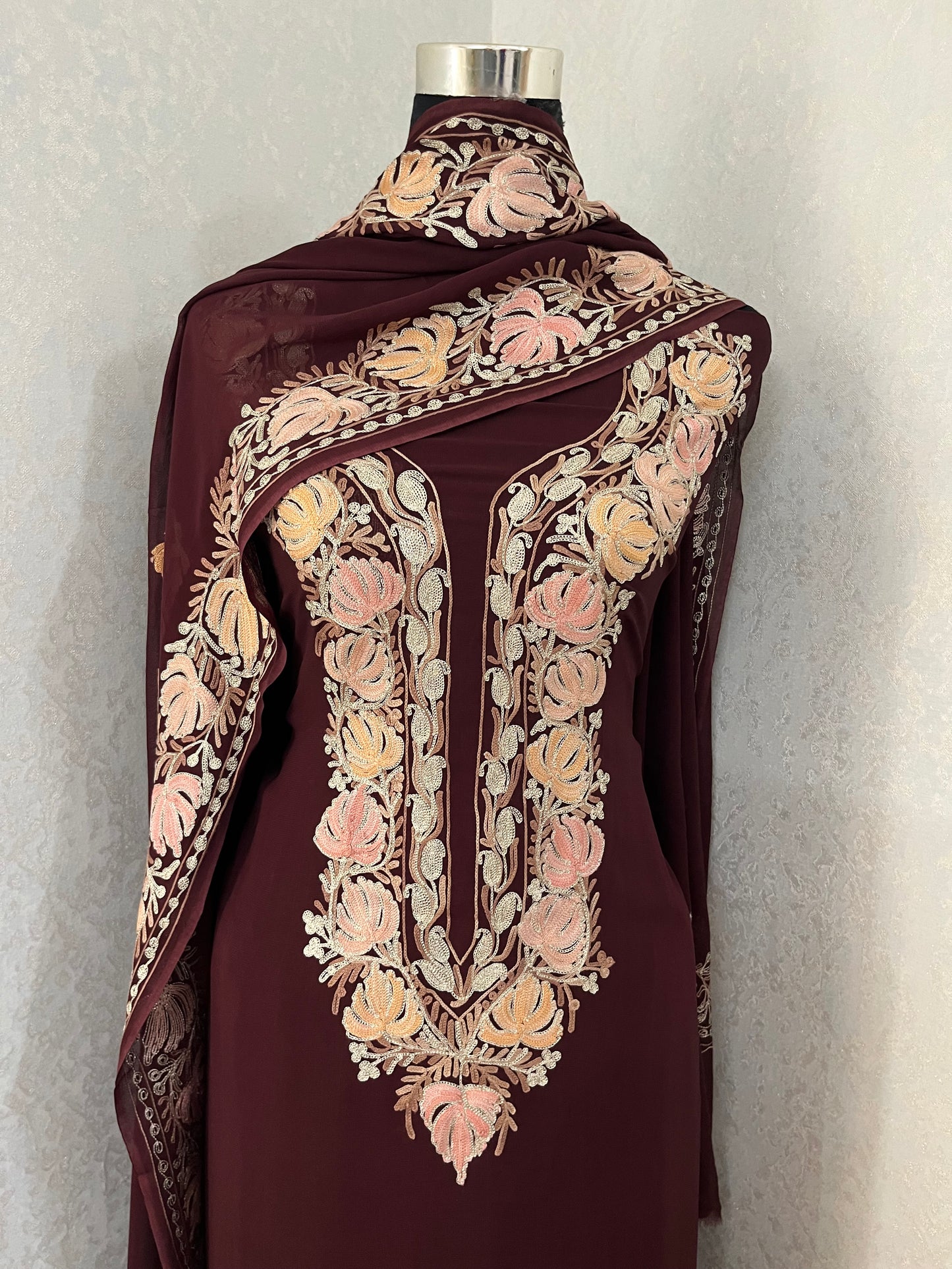 Brown Pure Georgette Kashmiri Suit