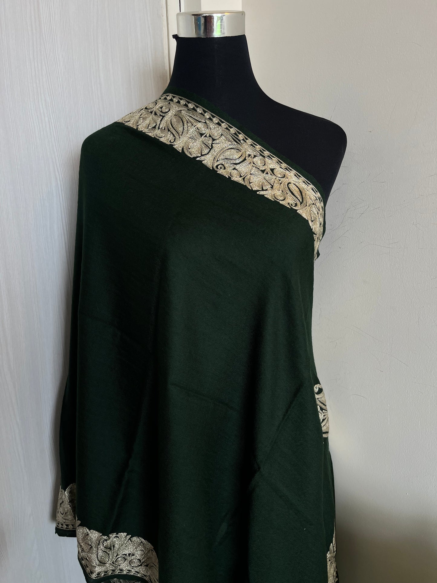 Bottle Green Fine Semi Pashmina Tilla Embroidered stole