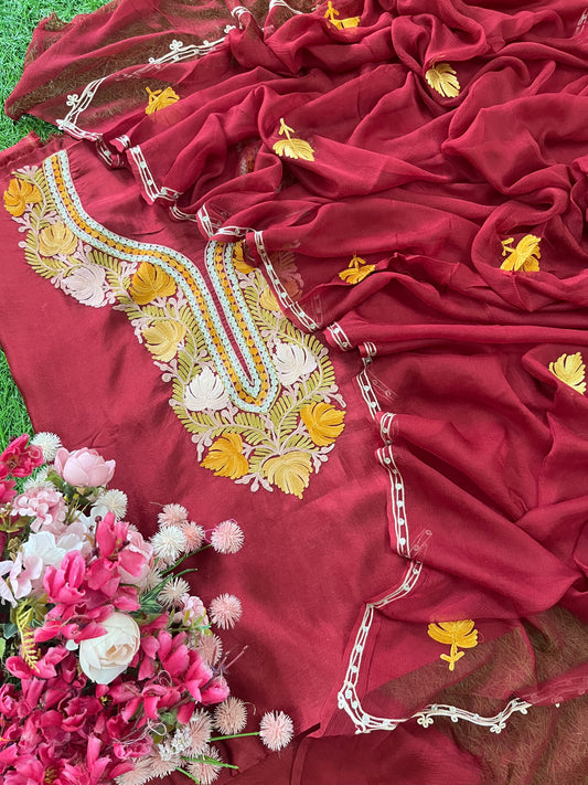 Maroon Opada Silk Kashmiri Suit