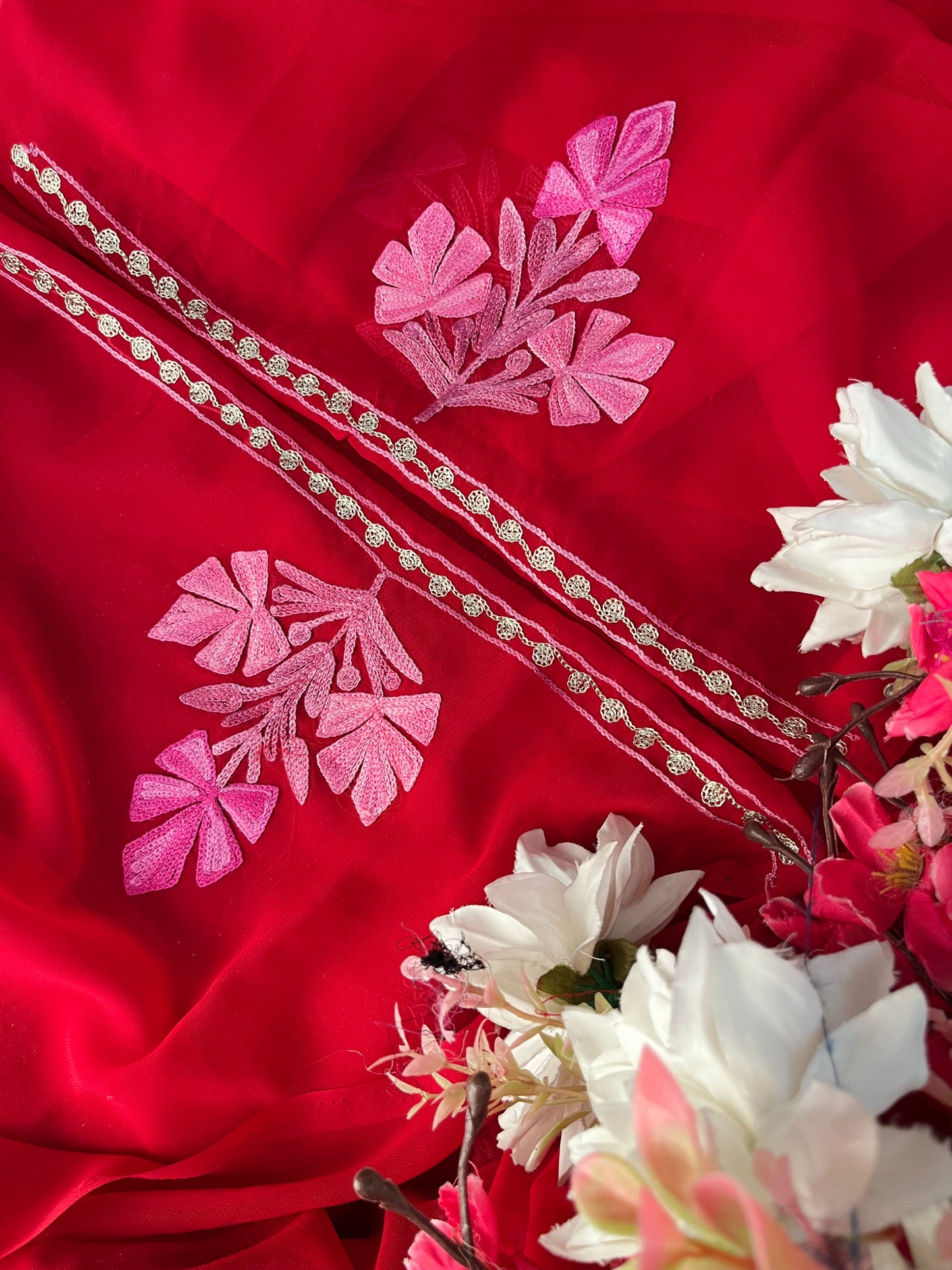 Red Georgette 3 Pc Aari Embroidered Suit Set