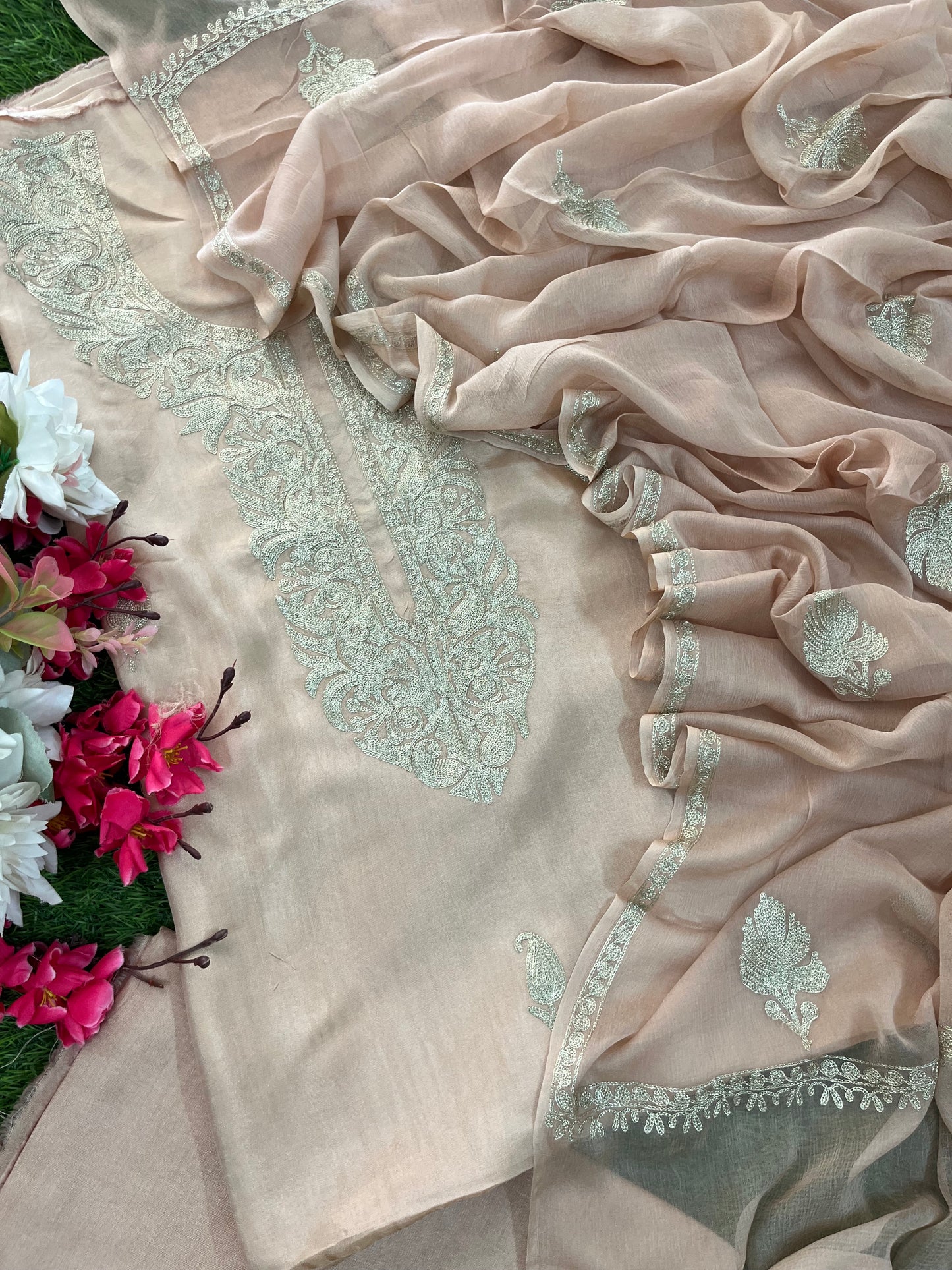 Peach Pink Sanam’ Silk Tilla Kashmiri Suit