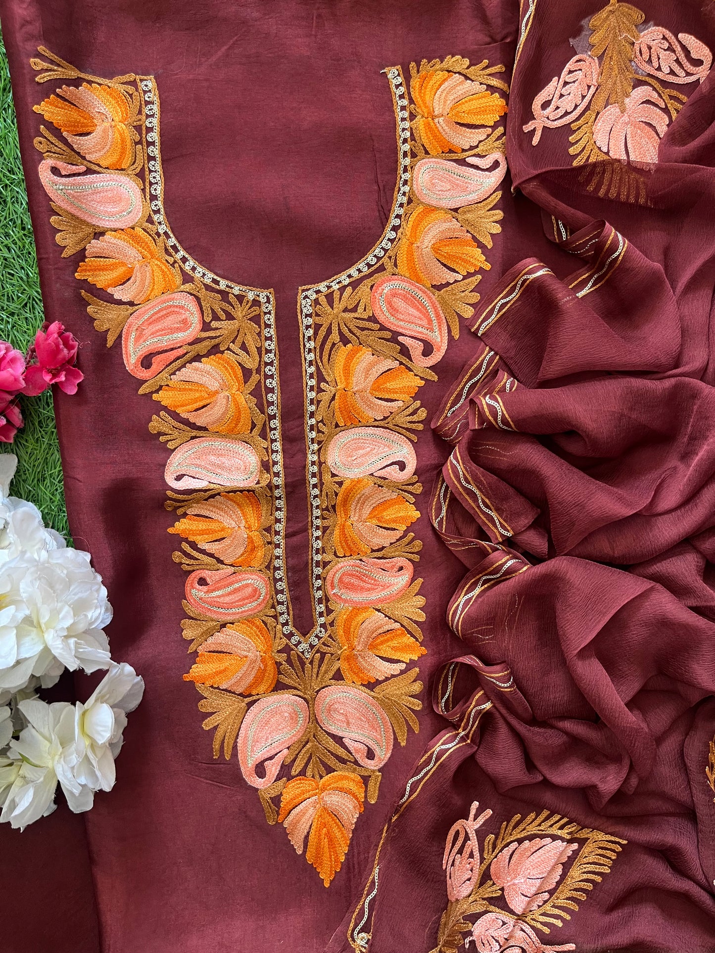 Chocolate Brown Opada Silk Aari Embroidered Suit material