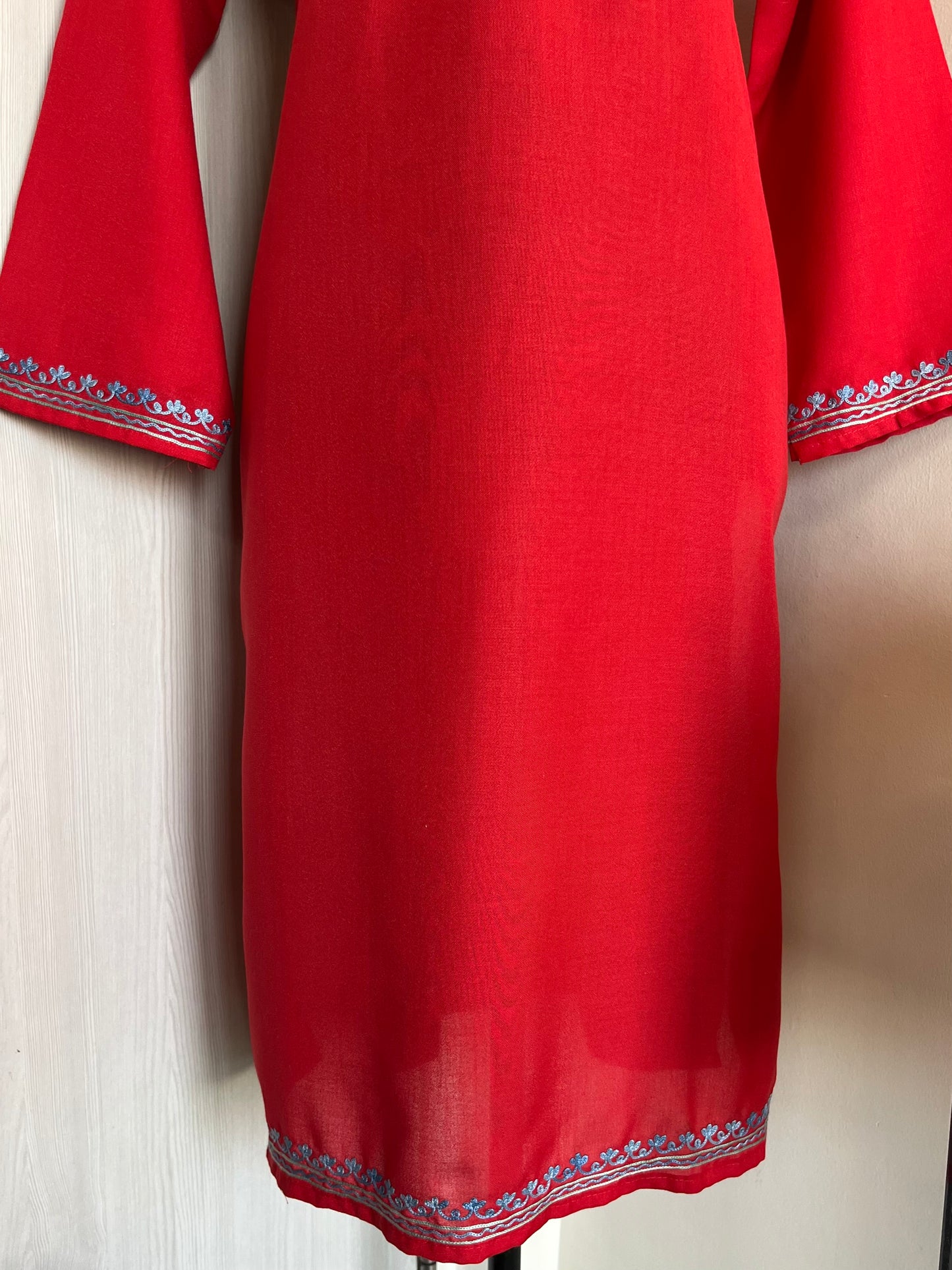 Red Cotton Aari Work Kurti (Free Size up to Bust 46 inches )