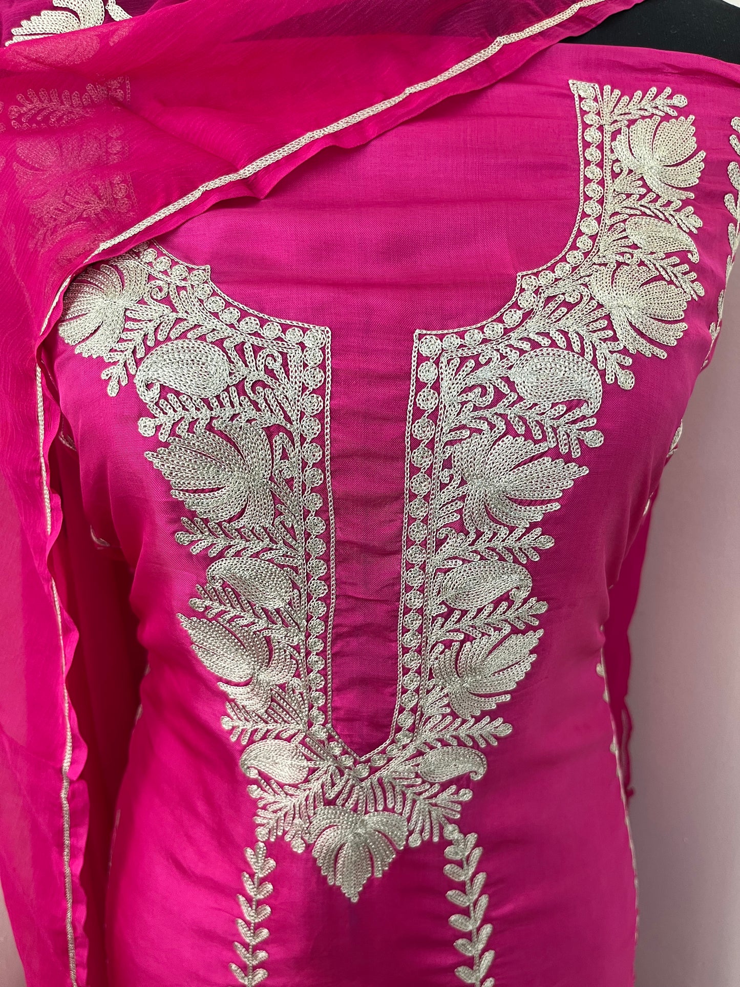 Sanam’ Hot Pink Silk Tilla Embroidered Suit material