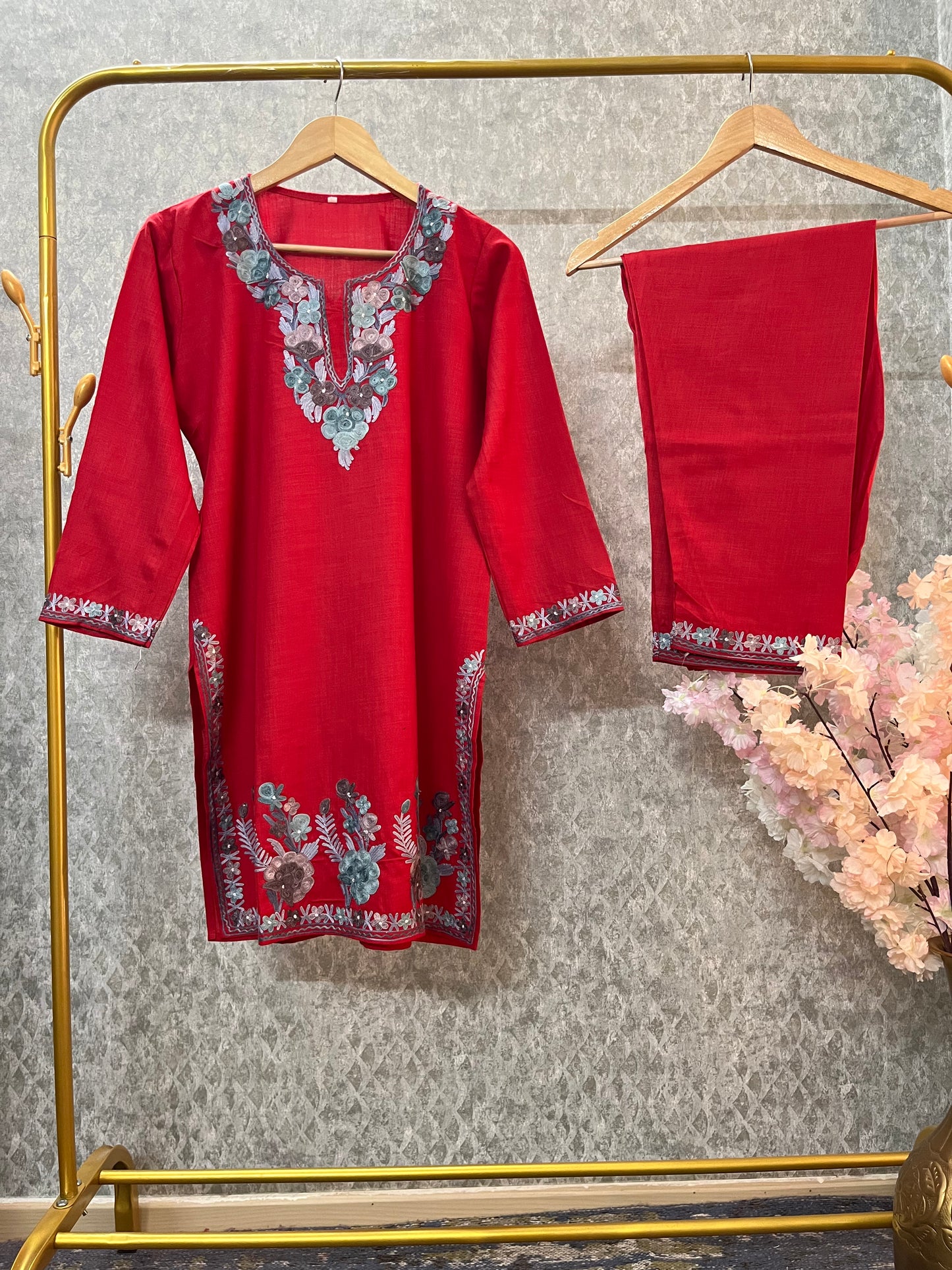 Red Cotton Stitched Co-ord Set (38)