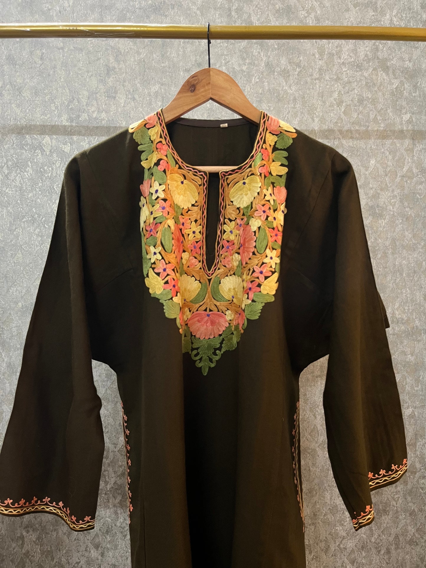 Army Green Aari Embroidered Wool Pheran