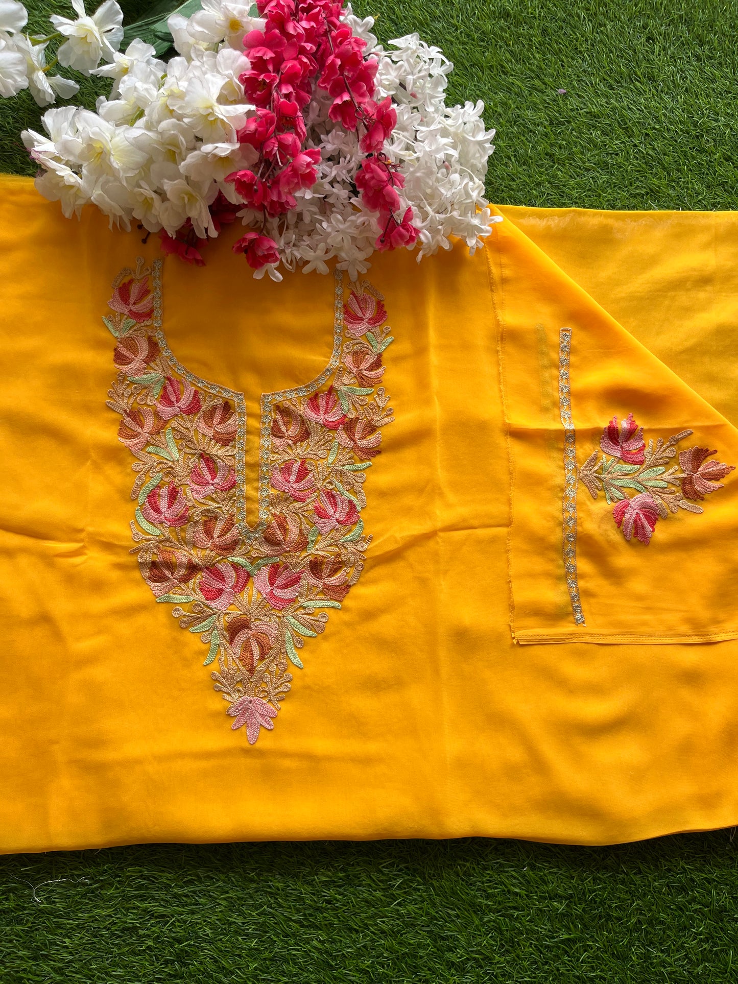 Yellow Georgette Aari Embroidered Unstitched Kurta Material