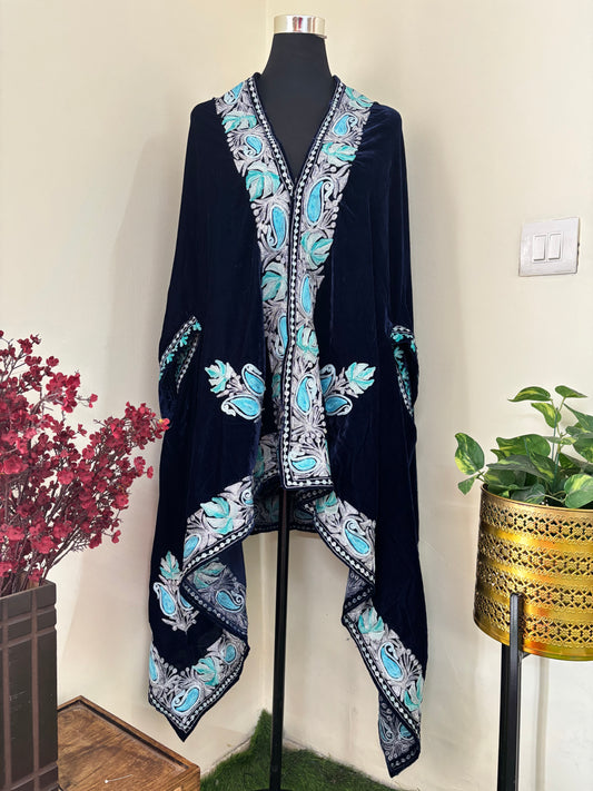 Blue Aari Embroidered Velvet Cape