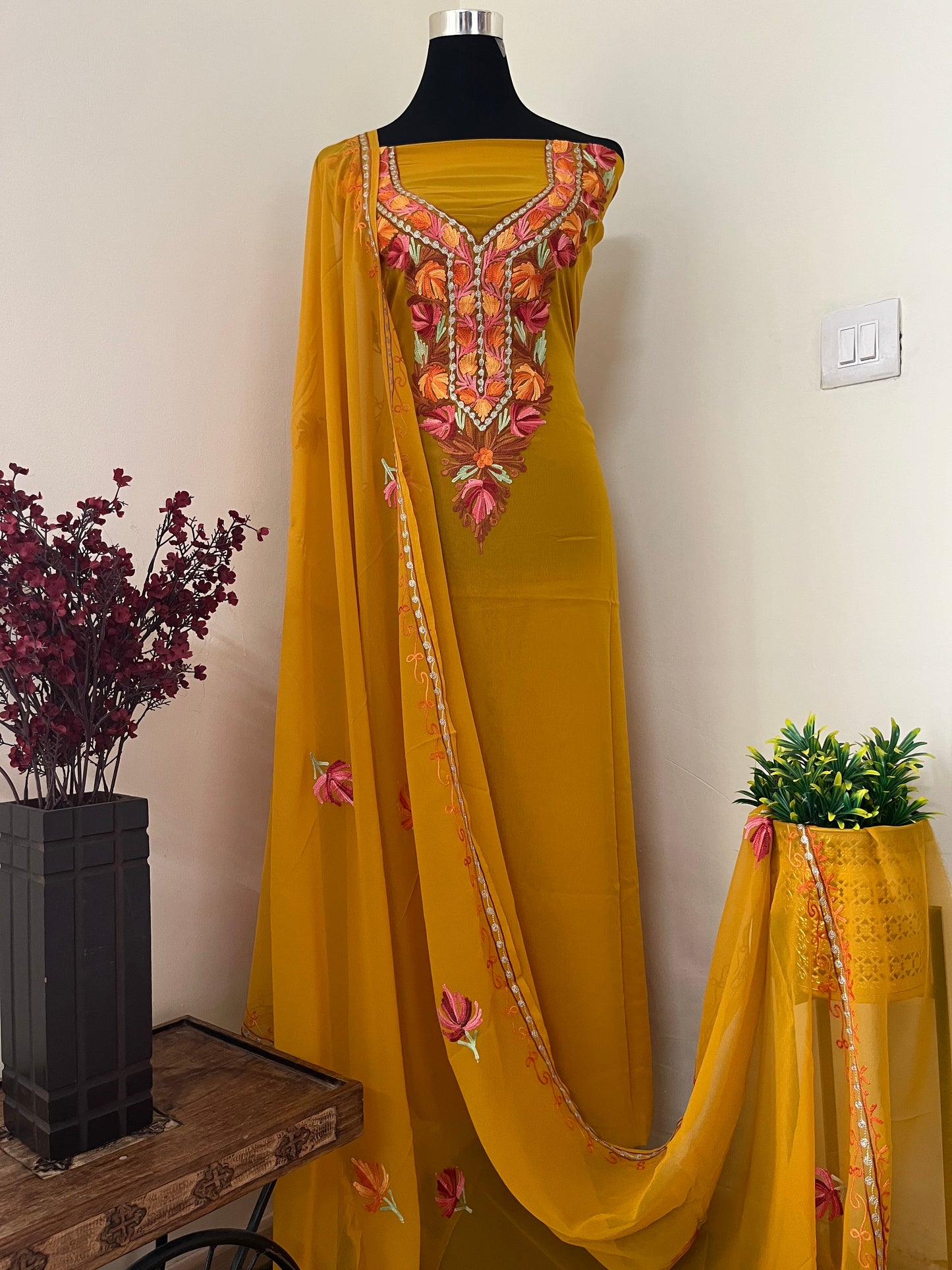 Mustard Georgette Shirt and Dupatta Aari Embroidered Suit