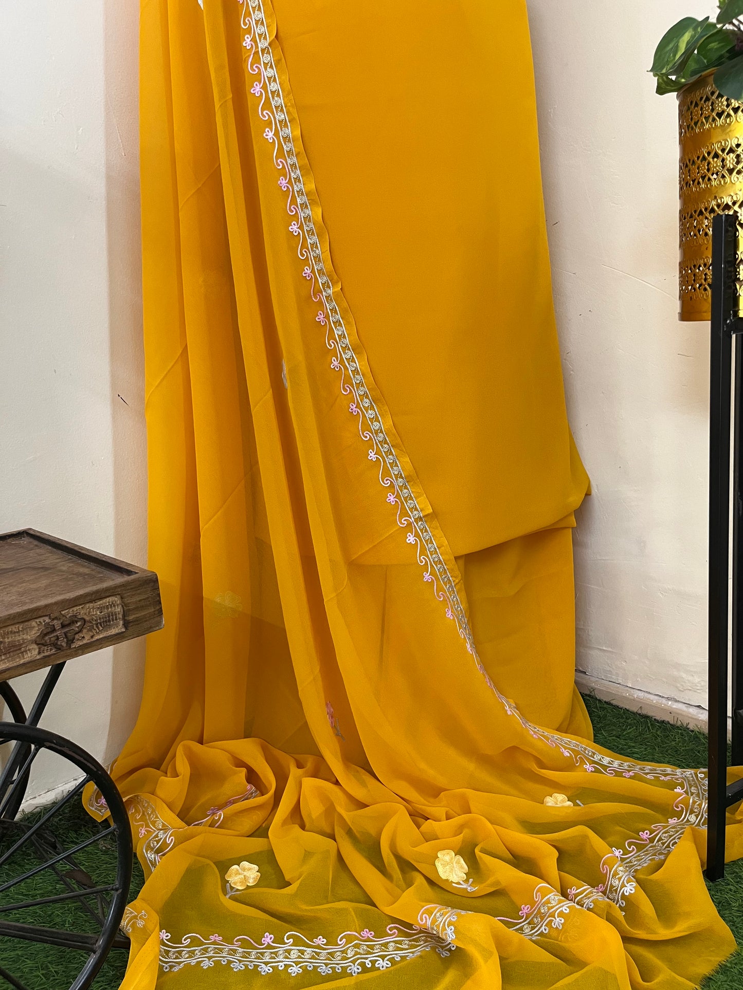 Mustard Georgette 3 Pc Aari Embroidered Suit Set