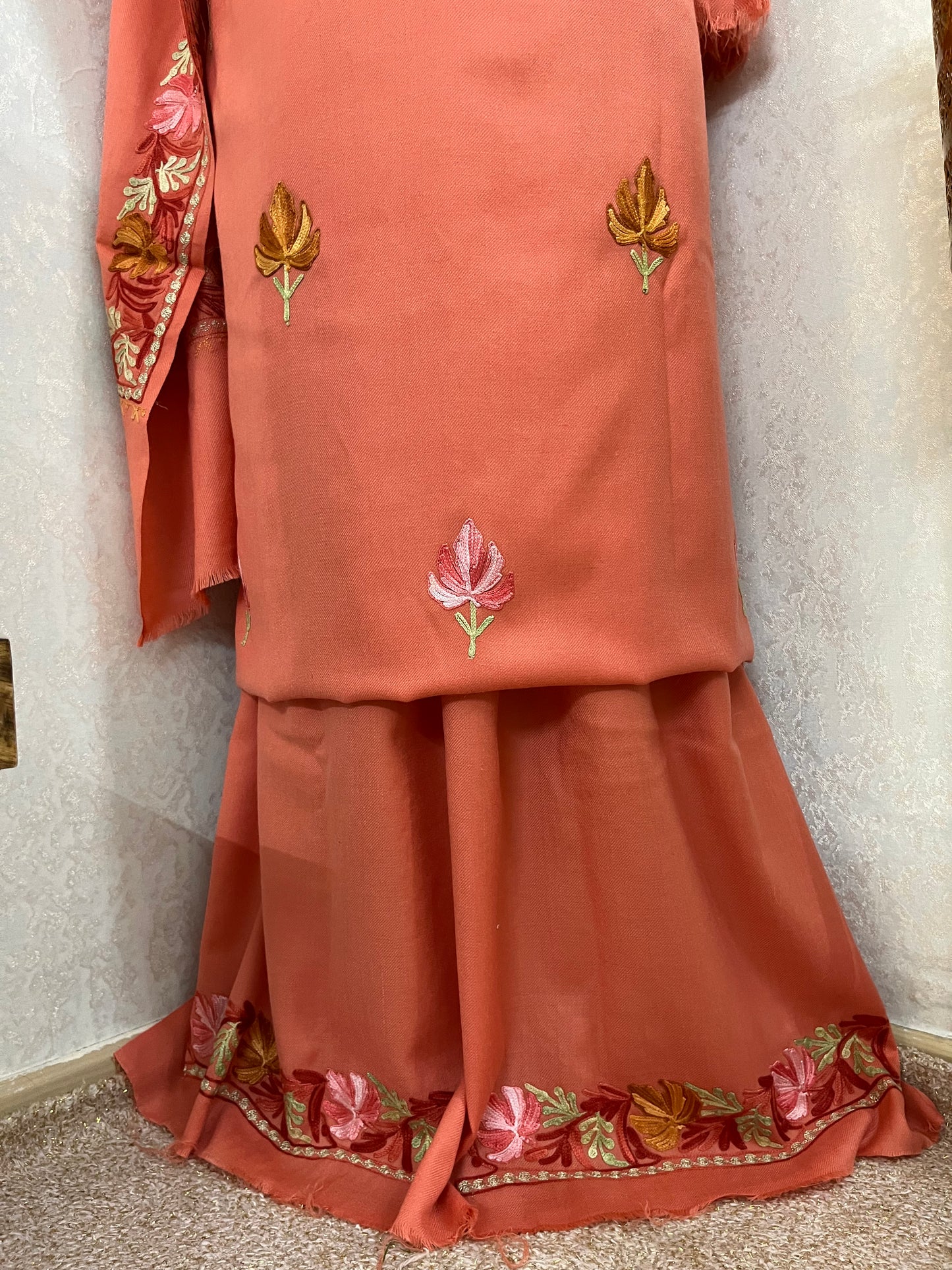 Carrot Pink Pure Wool Aari Embroidered 3pc Suit Stole