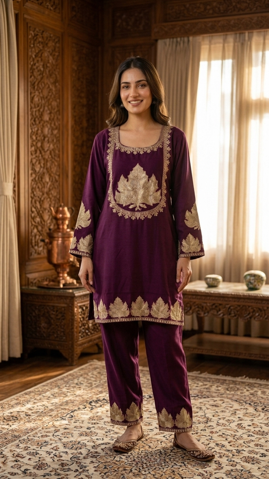 Wine Woollen Kashmiri Co-Ord Set ( Size 44)