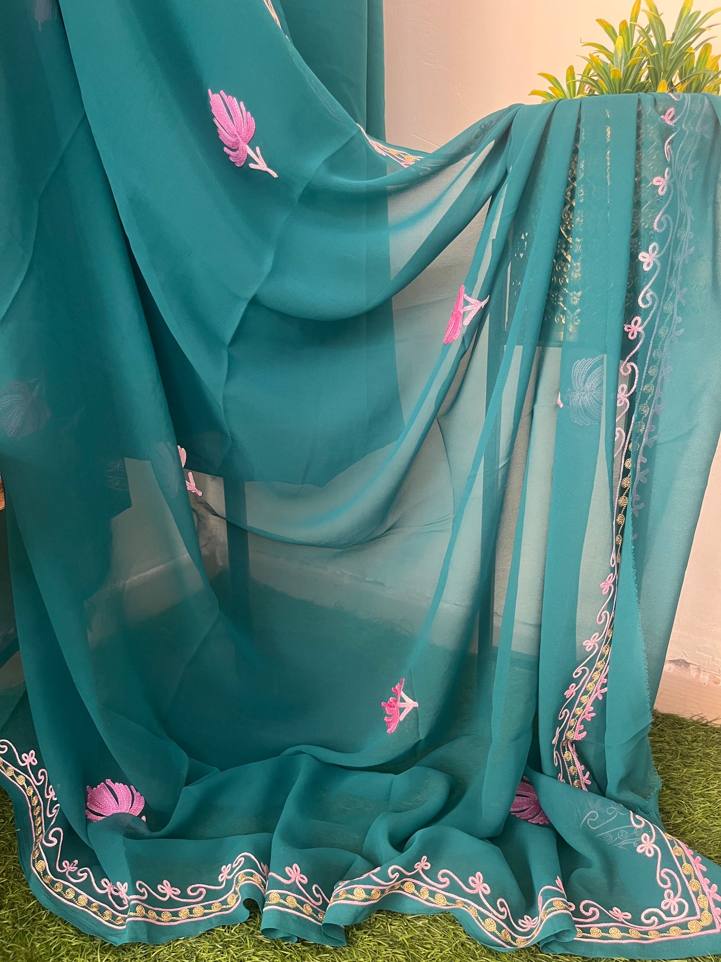 Sky Green Georgette Shirt and Dupatta Aari Embroidered Suit