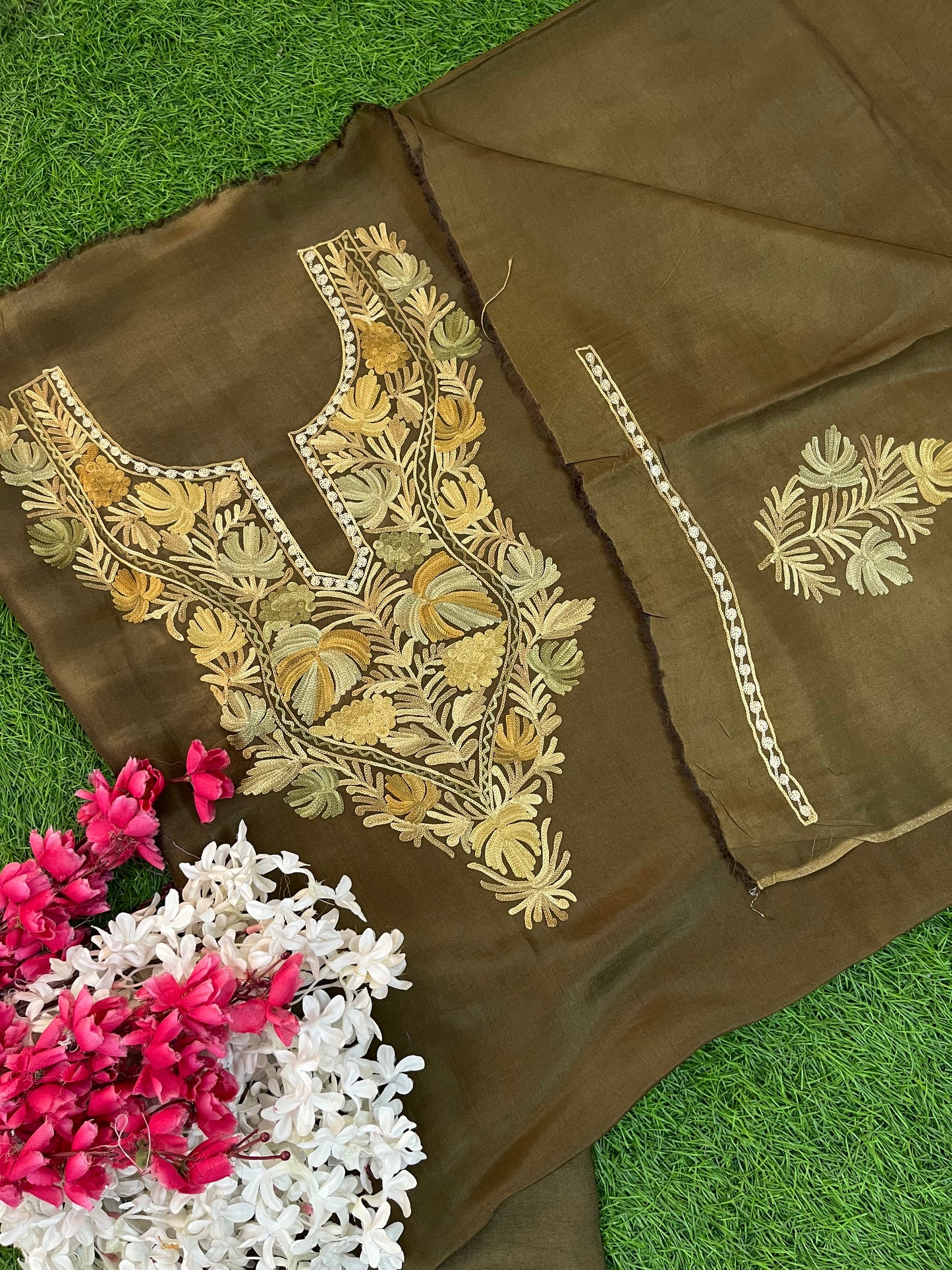 Army Green Opada Silk Kashmiri Suit