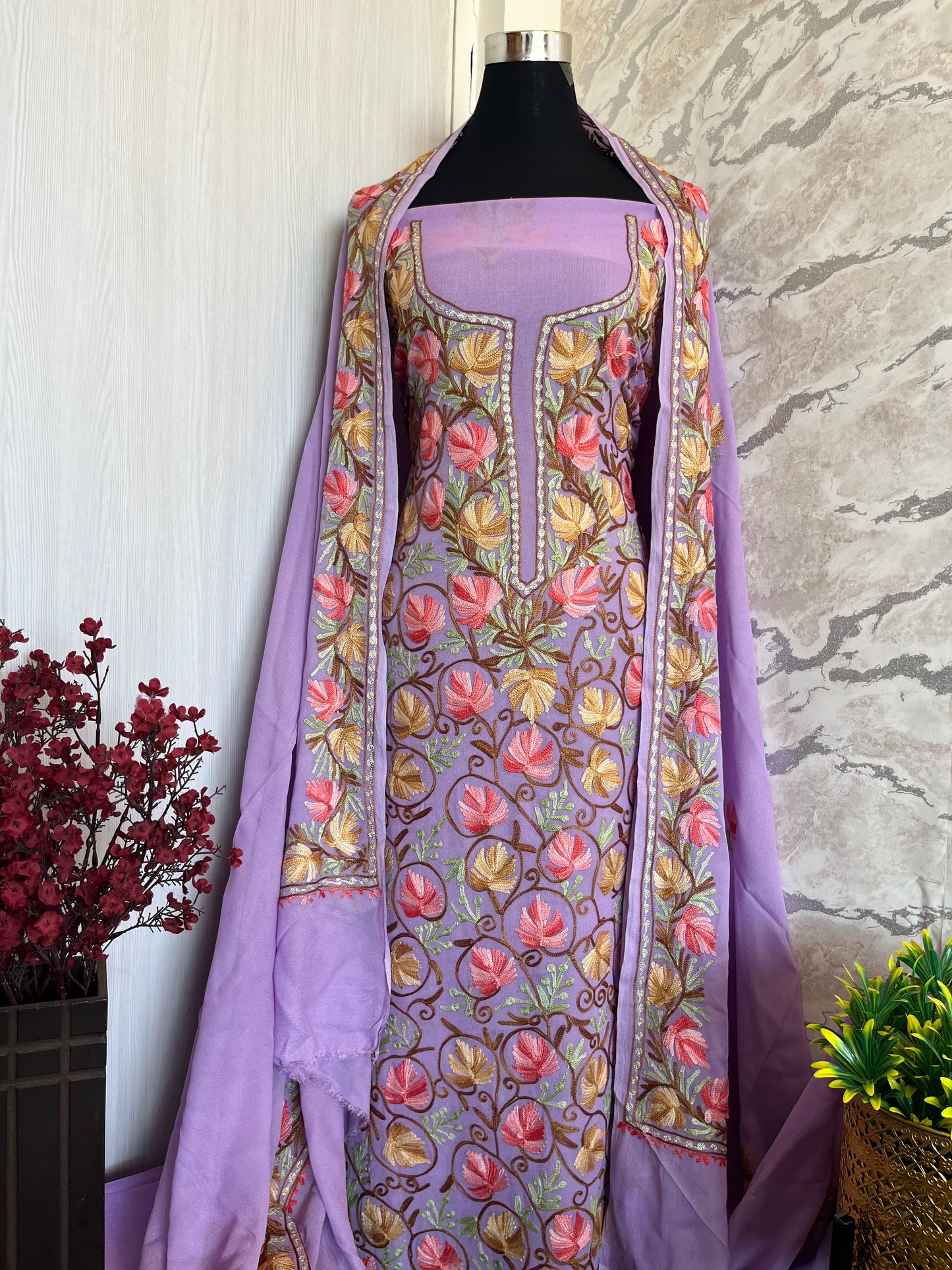 Light Purple Pure Georgette Aari Embroidered Suit