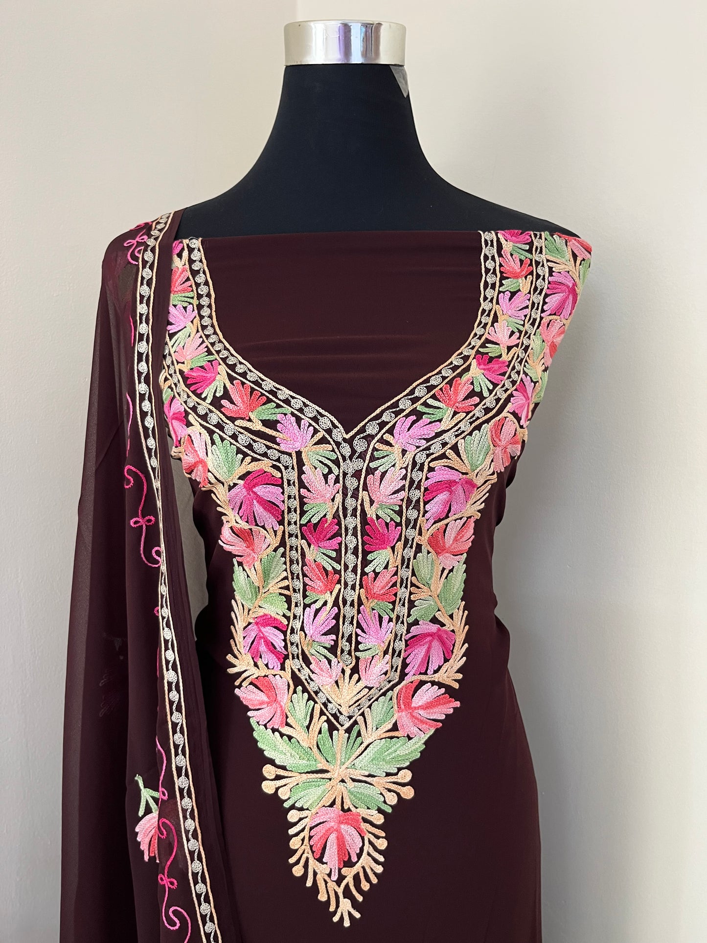 Brown Georgette Shirt and Dupatta Aari Embroidered Suit