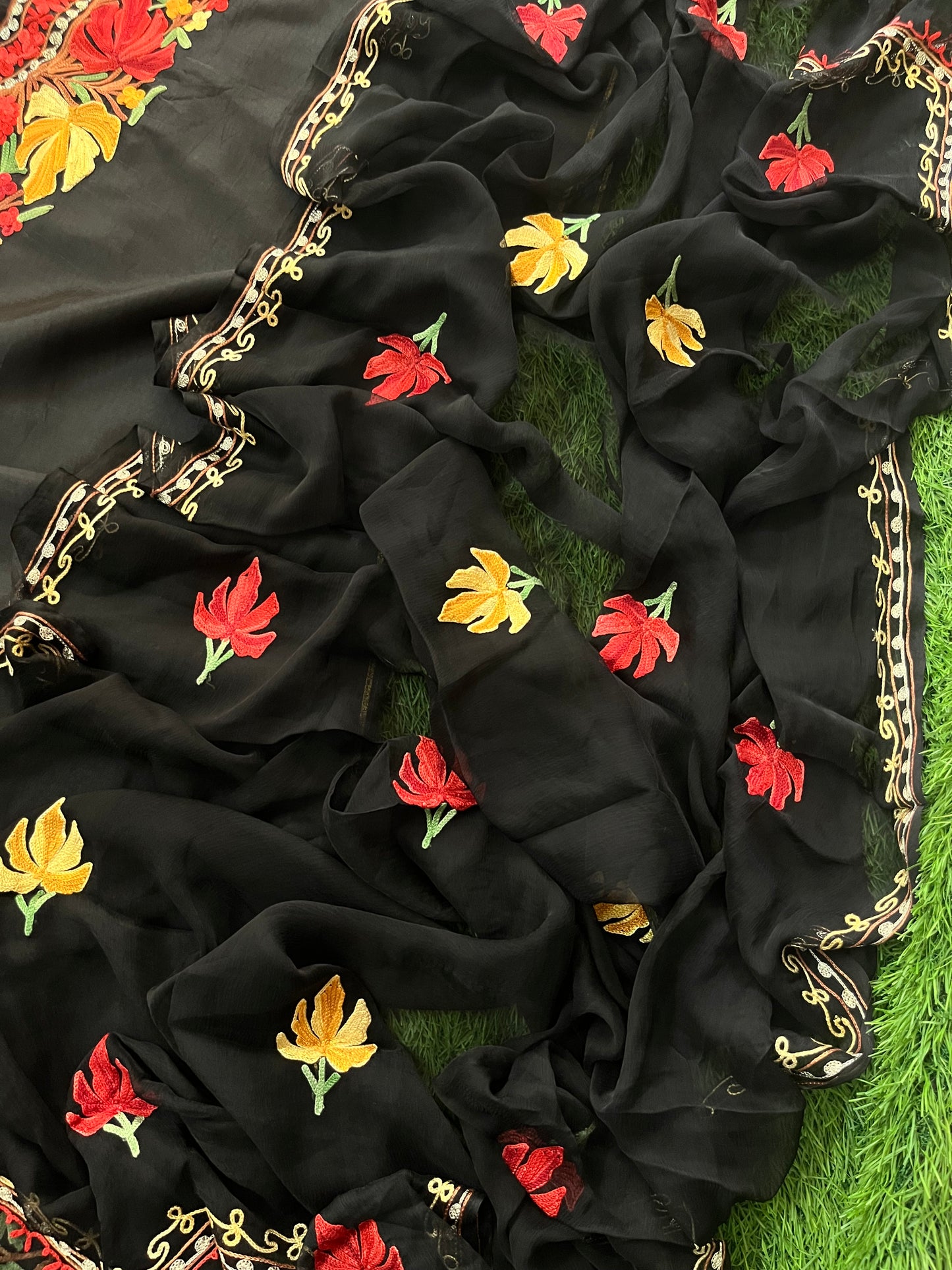 Black Opada Silk Aari Embroidered Suit material