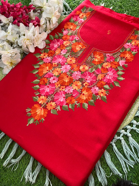 Red Woollen Aari Embroidered 2pc suit 5mtr