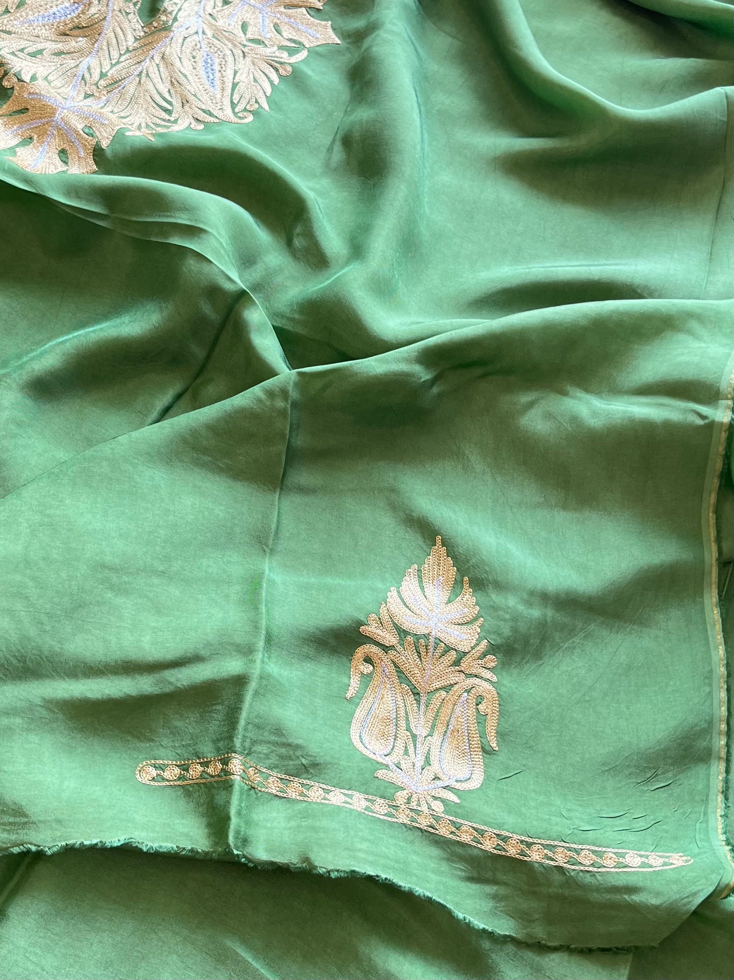 ‘Kalaa’ Lawn Green Opada Silk Tilla Embroidered Suit material (on Order)