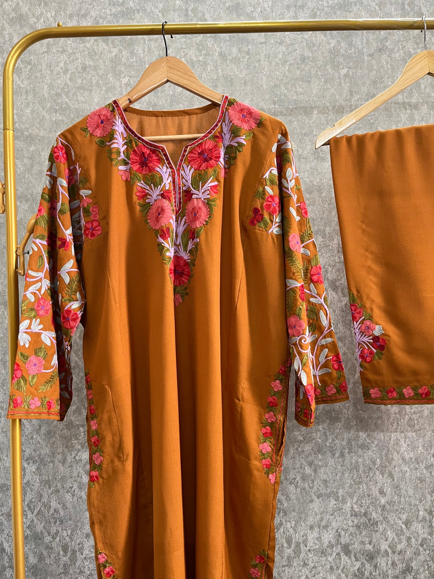 Mustard Brown Cotton Arm Jaal Pheran Set