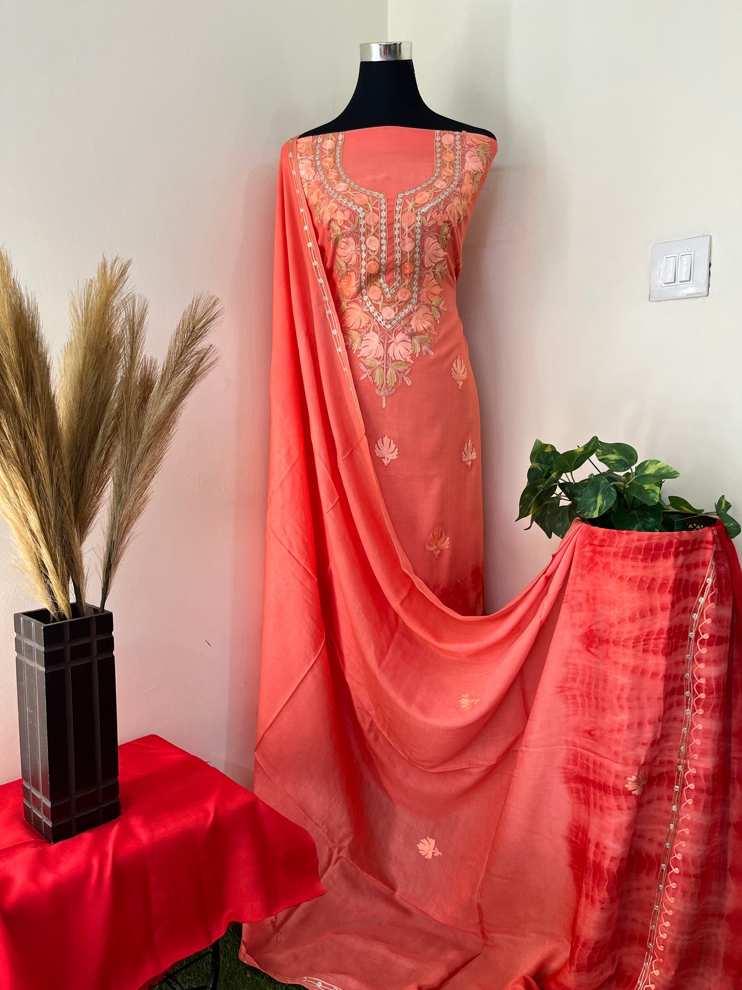 Orange Mul Cotton Shibori Work Kashmiri 3pc Suit