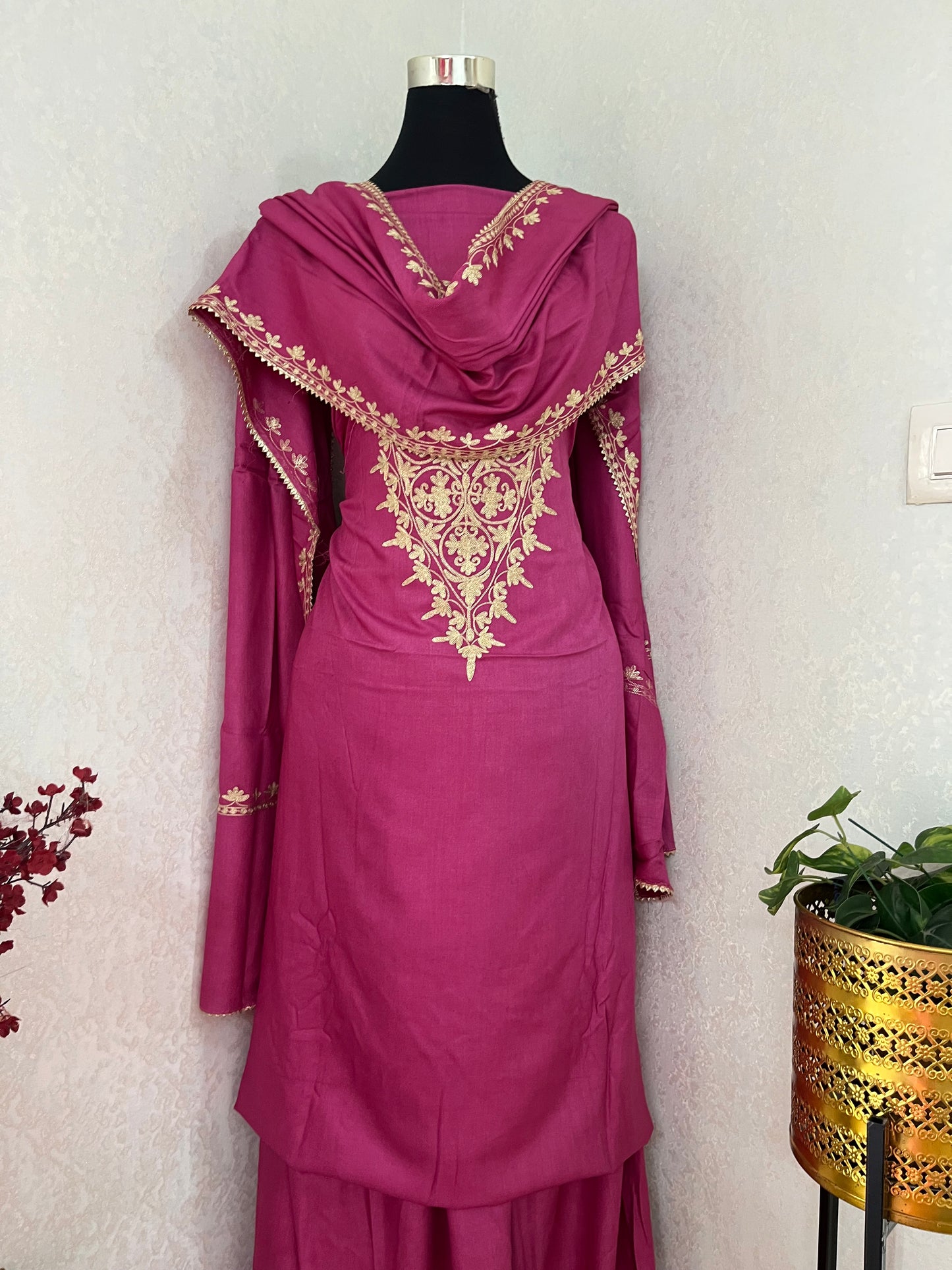 Hot Pink Silk Pashmina Kashmiri Suit