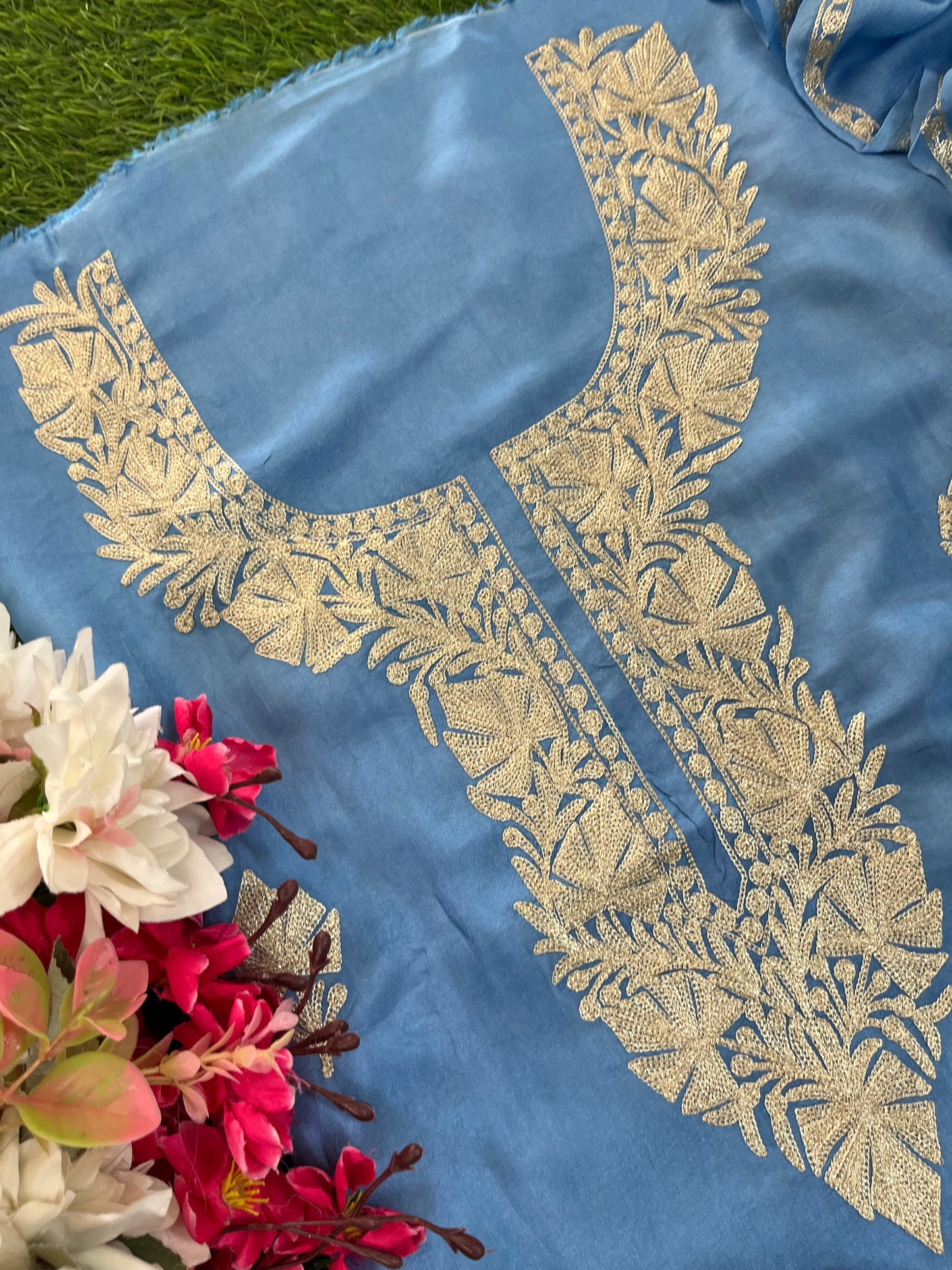Soft Blue Silk Tilla Kashmiri Suit
