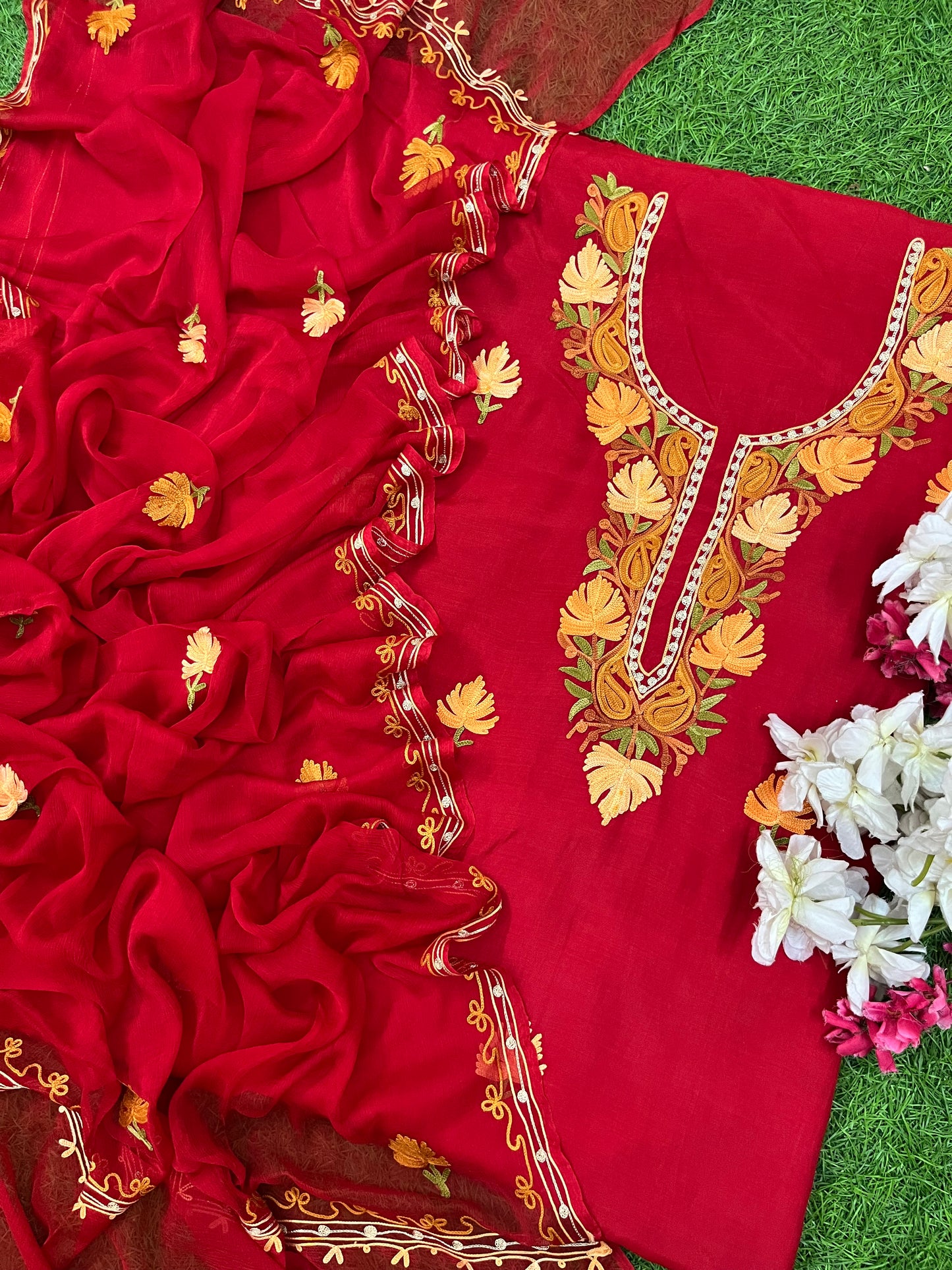 Red Muslin Cotton Jaal Sleeves Kashmiri 3pc Suit