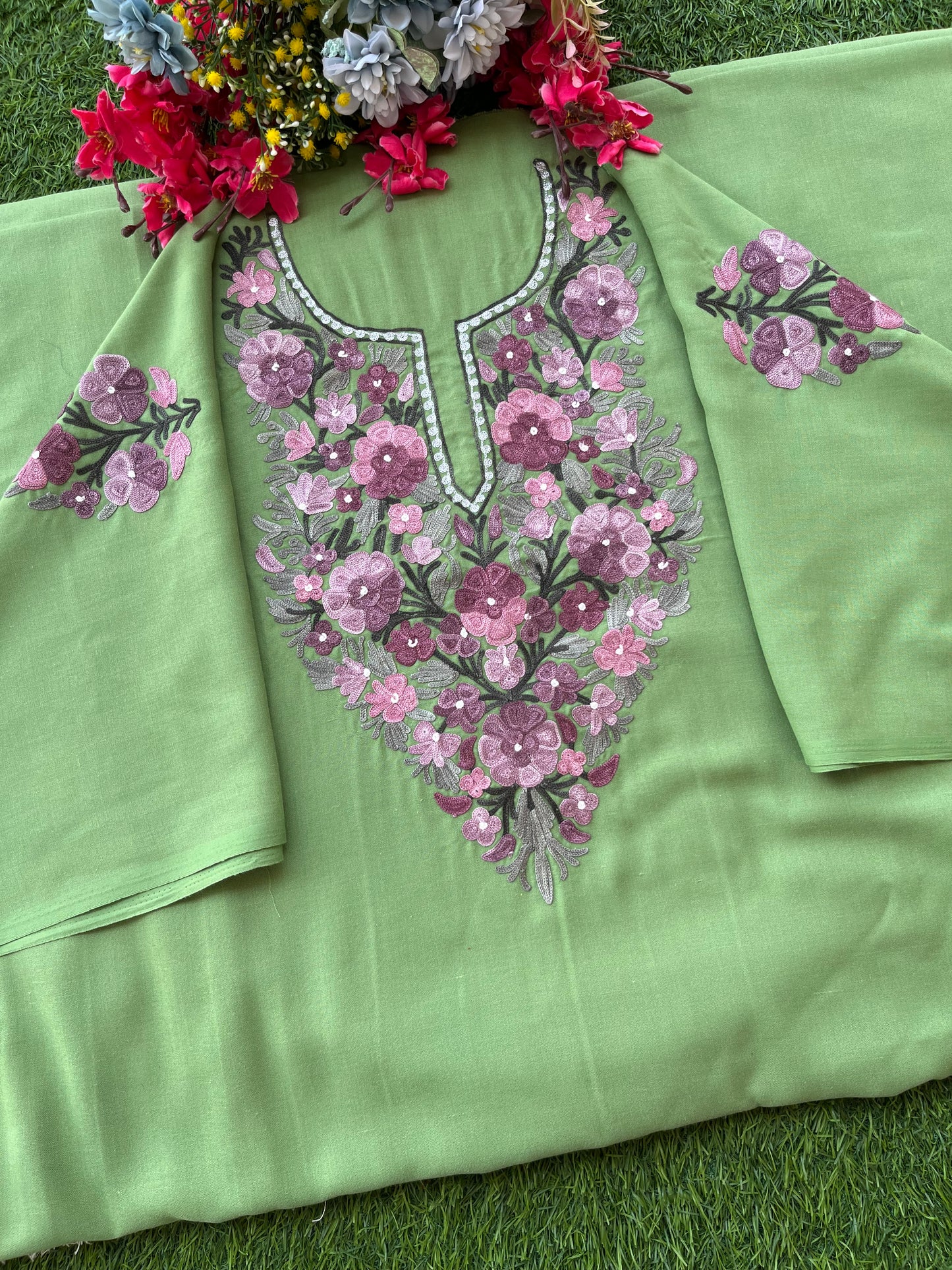 Pastel Green Aari Embroidered Cotton Suit Set
