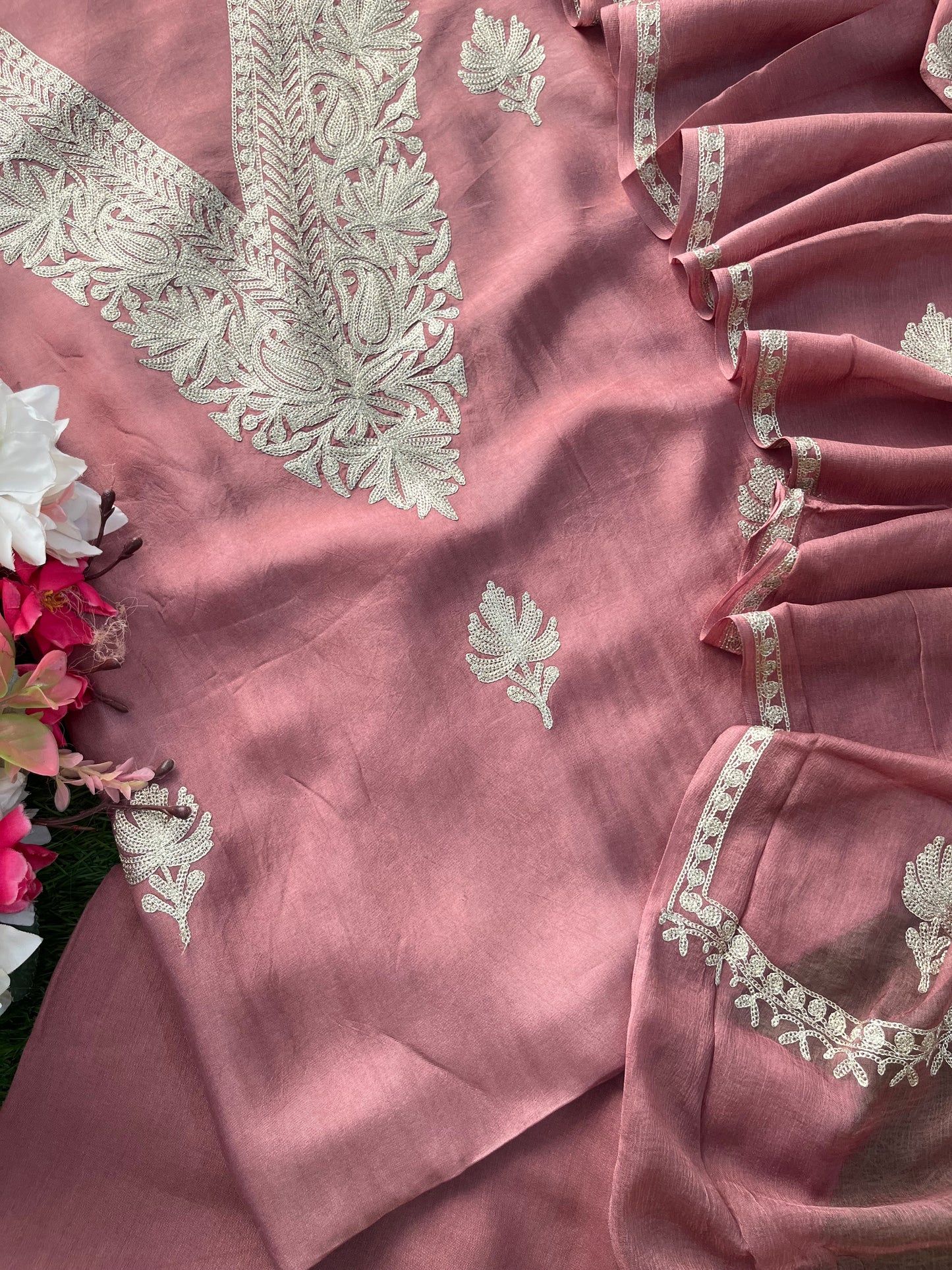 Onion Pink Sanam’ Silk Tilla Kashmiri Suit