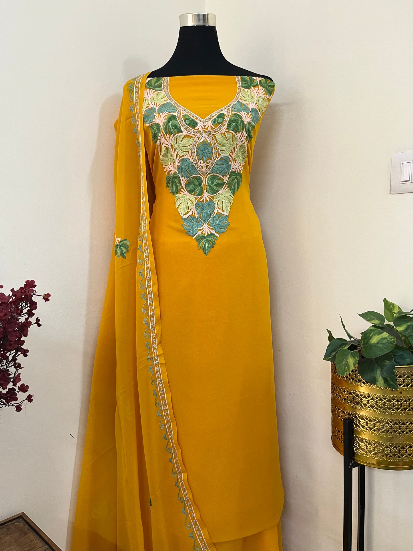 Mustard Georgette 3 Pc Aari Embroidered Suit Set