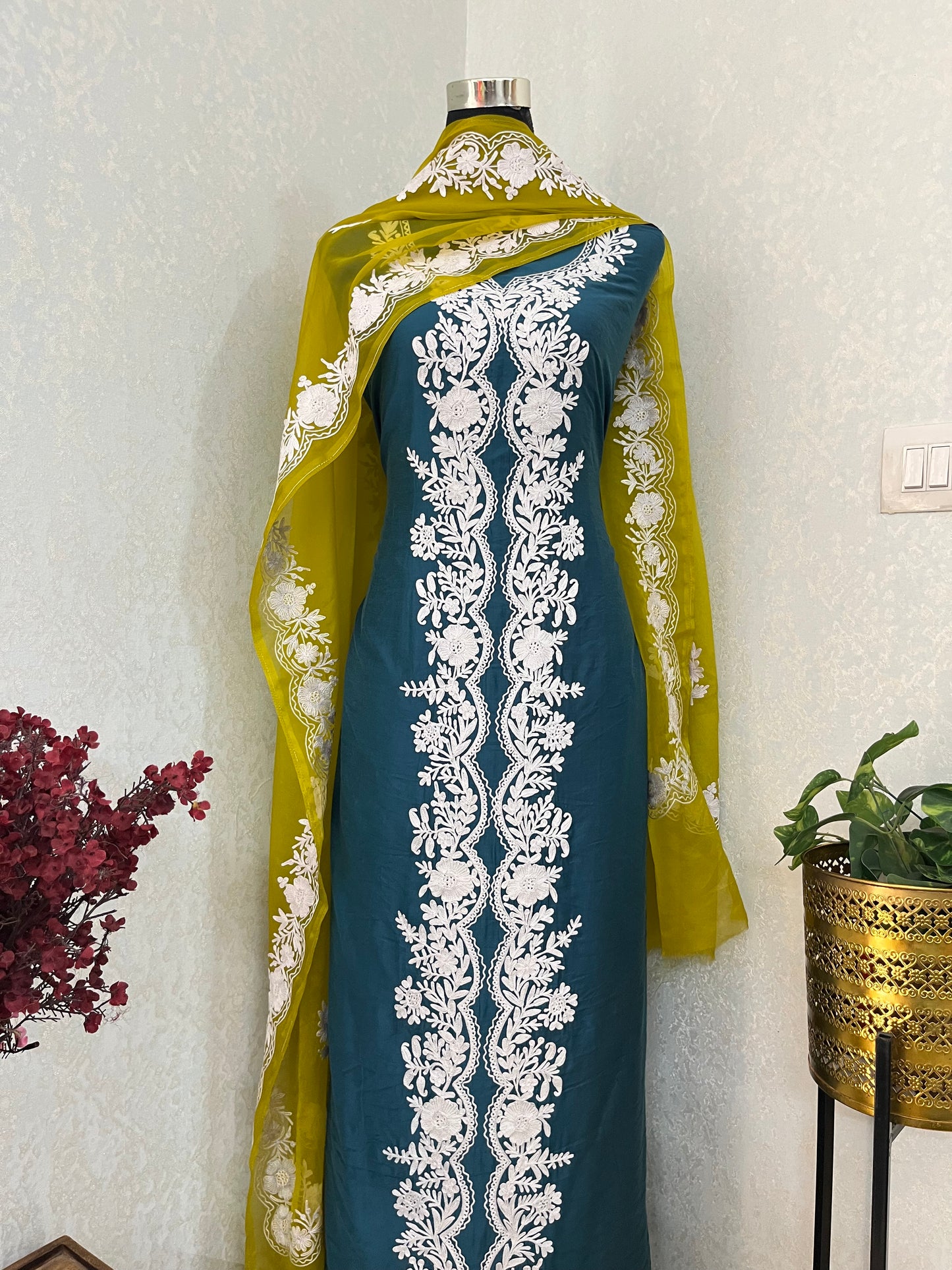 Teal Blue Chanderi Silk Kashmiri Suit